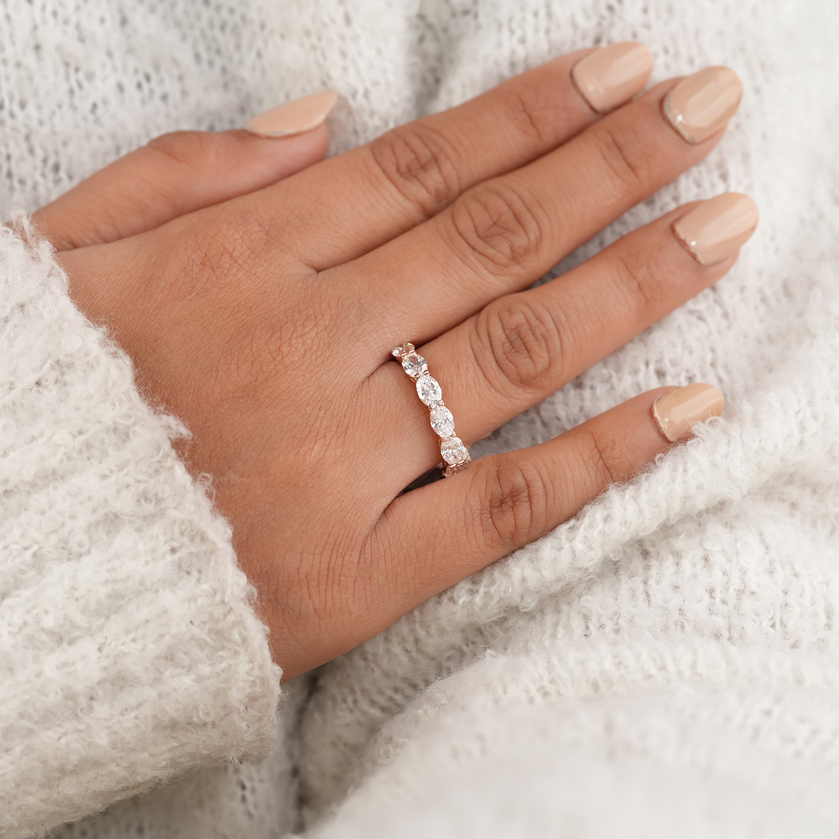 Half Eternity Oval Diamond Band in Solid Rose Gold