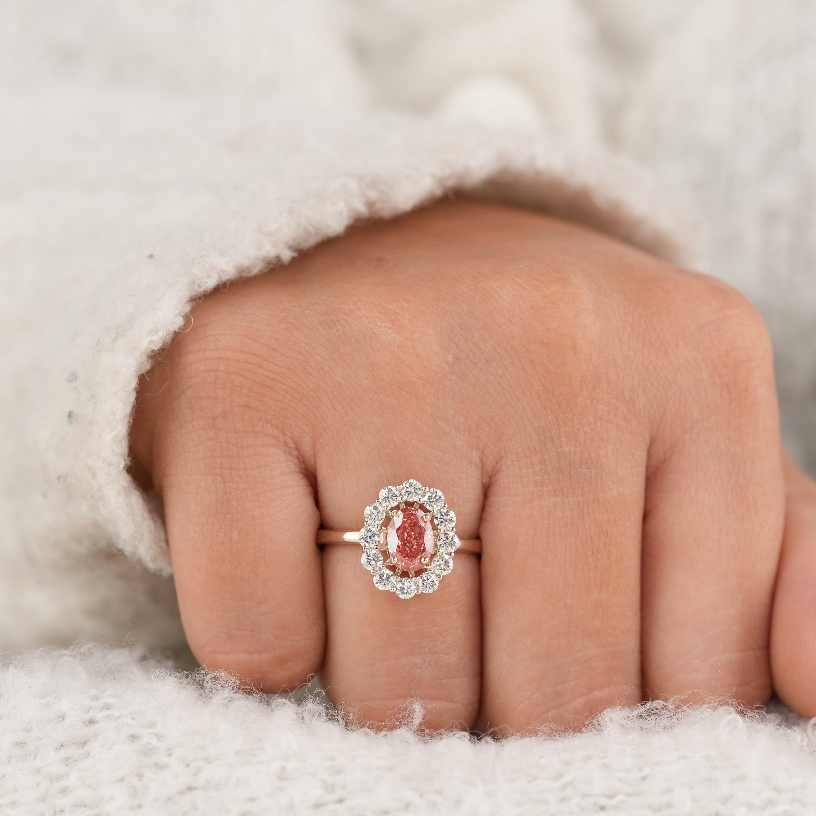 Statement Pink Lab Diamond Engagement Ring with Brilliant White Halo