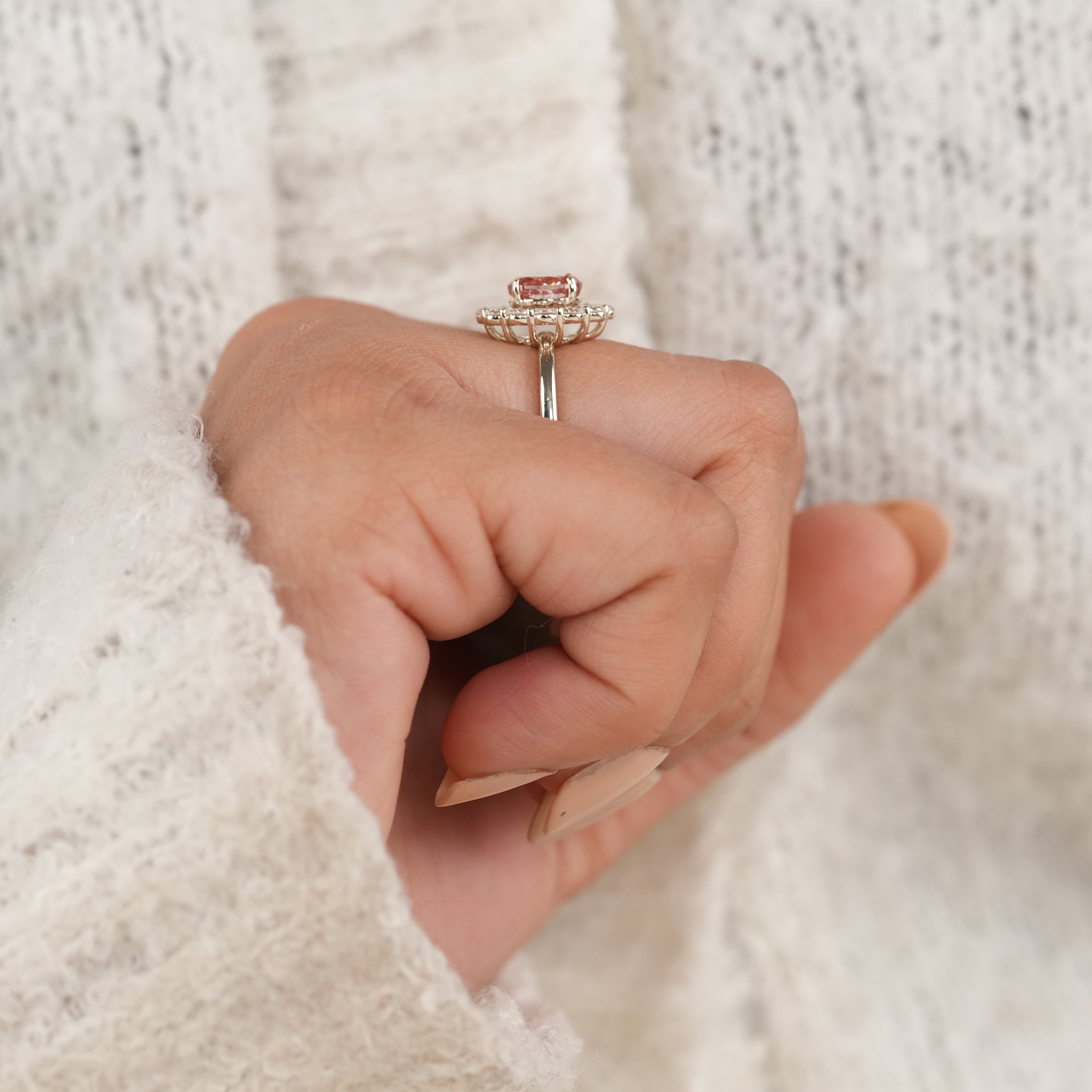 Feminine Pink Diamond Halo Ring with Timeless Vintage Inspired Look
