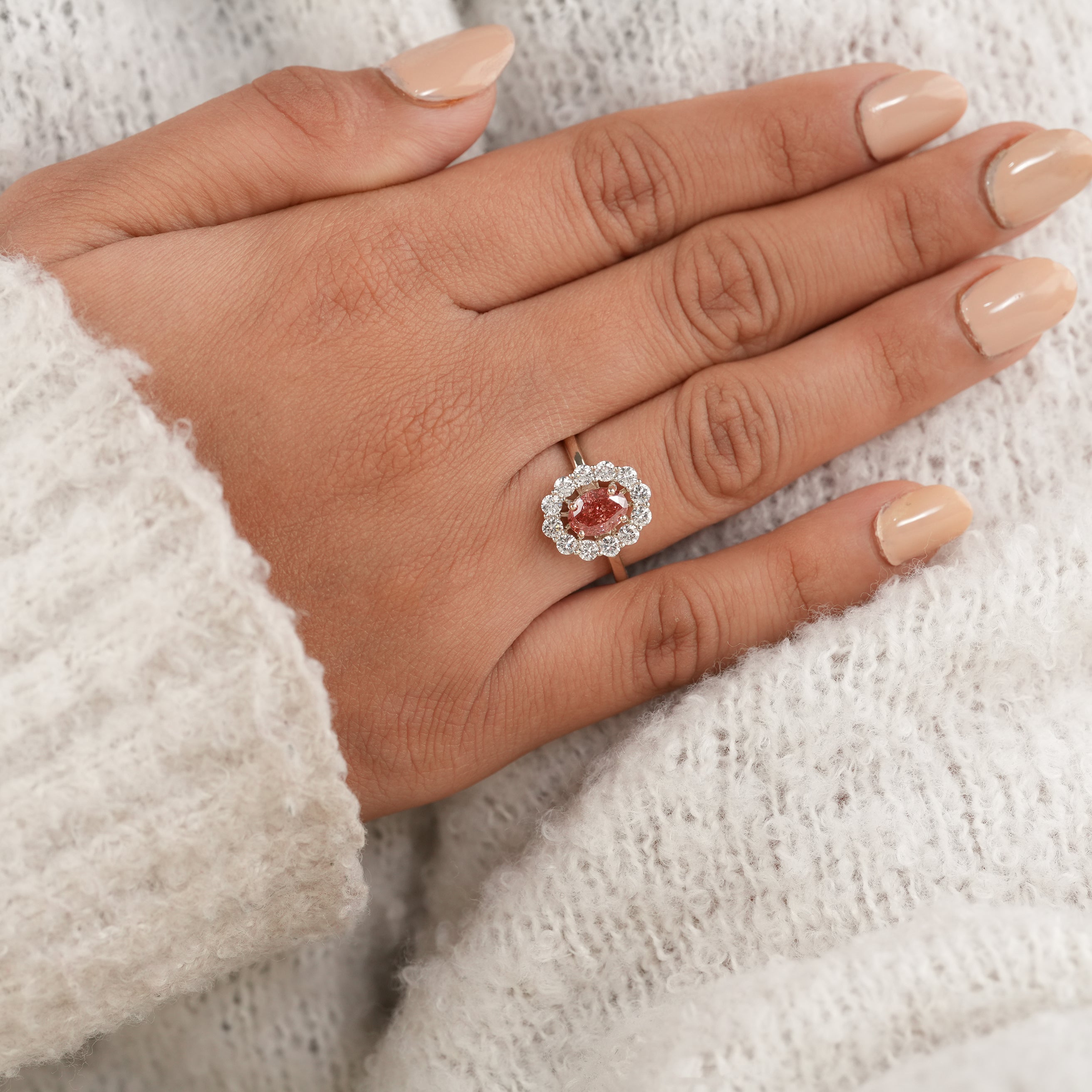 Luxury Oval Pink Diamond Ring with Classic Prong Halo Design