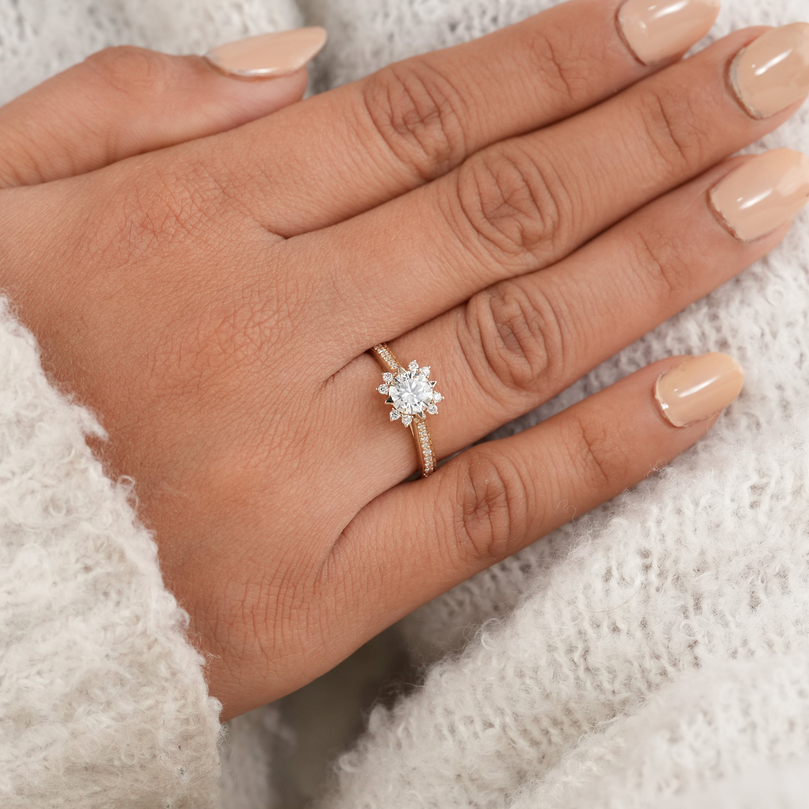 Luxury Round Diamond Engagement Ring in Yellow Gold Pave Band