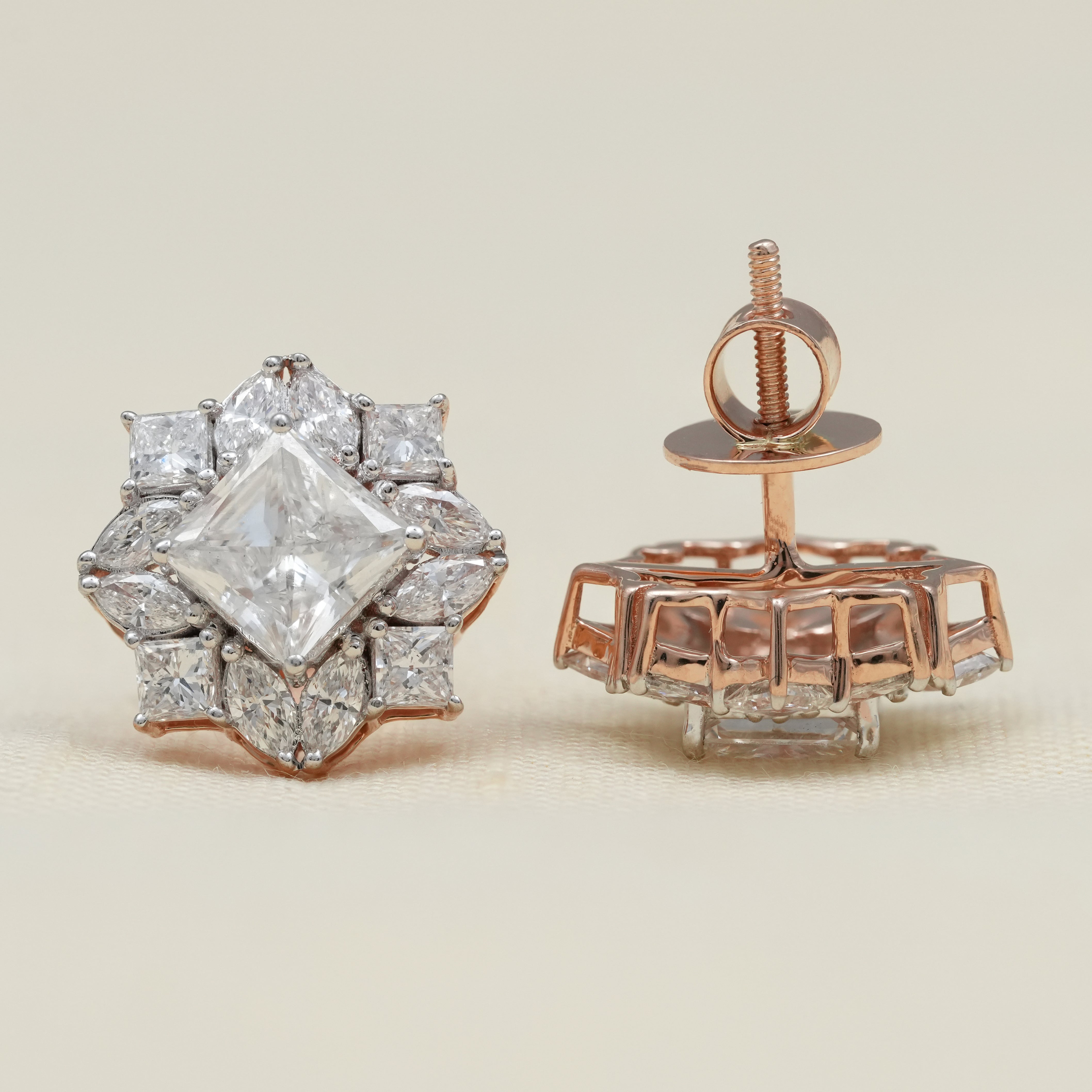 Floral Cluster Princess Cut Lab Diamond Halo Stud Earrings