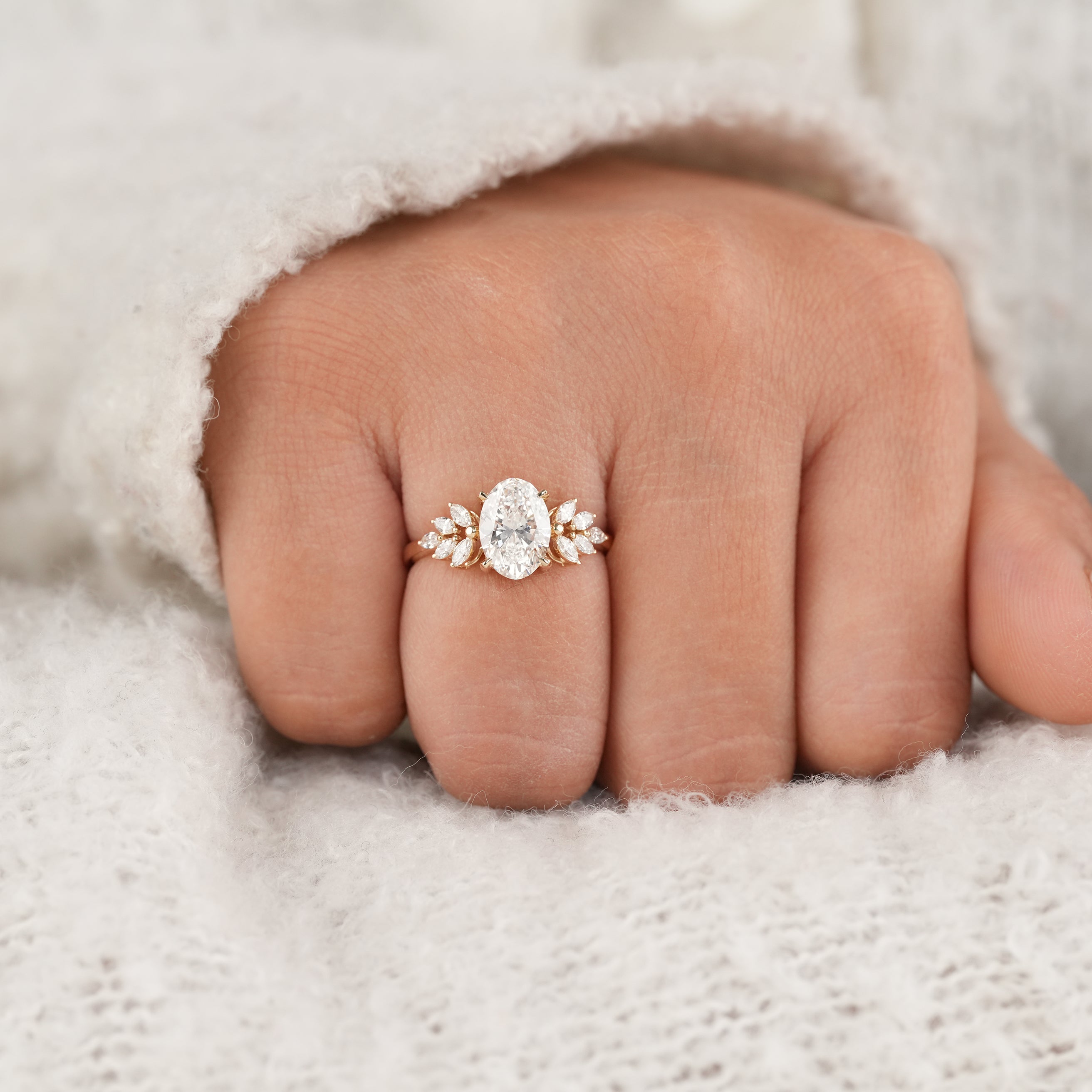 Romantic Floral Oval Engagement Ring in Solid Yellow Gold