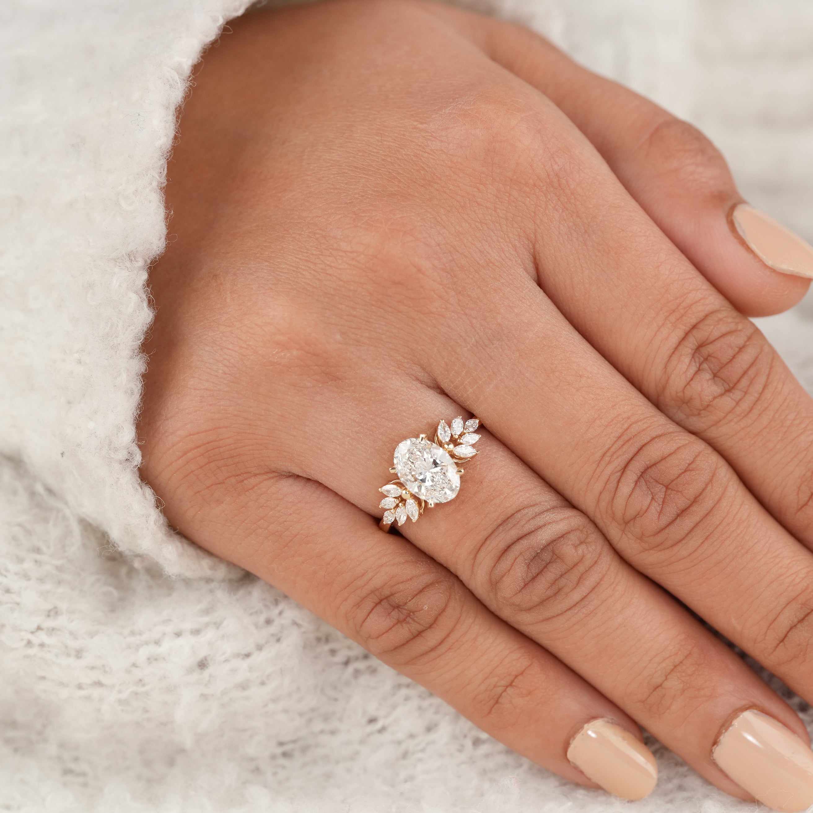 Minimal Oval Lab Grown Diamond Ring with Nature Inspired Details