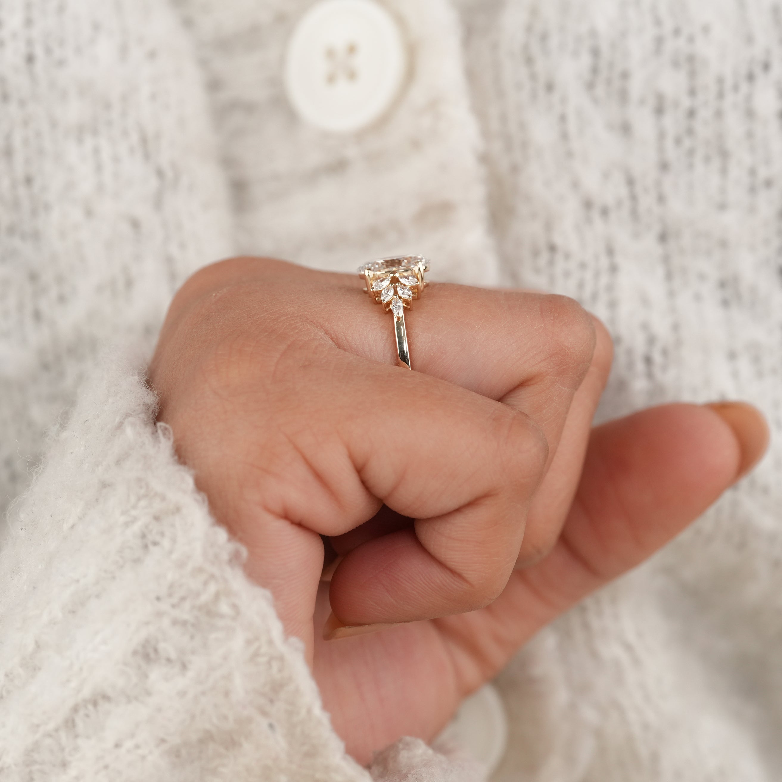 Fine Jewelry Oval Diamond Ring with Delicate Floral Diamond Accents