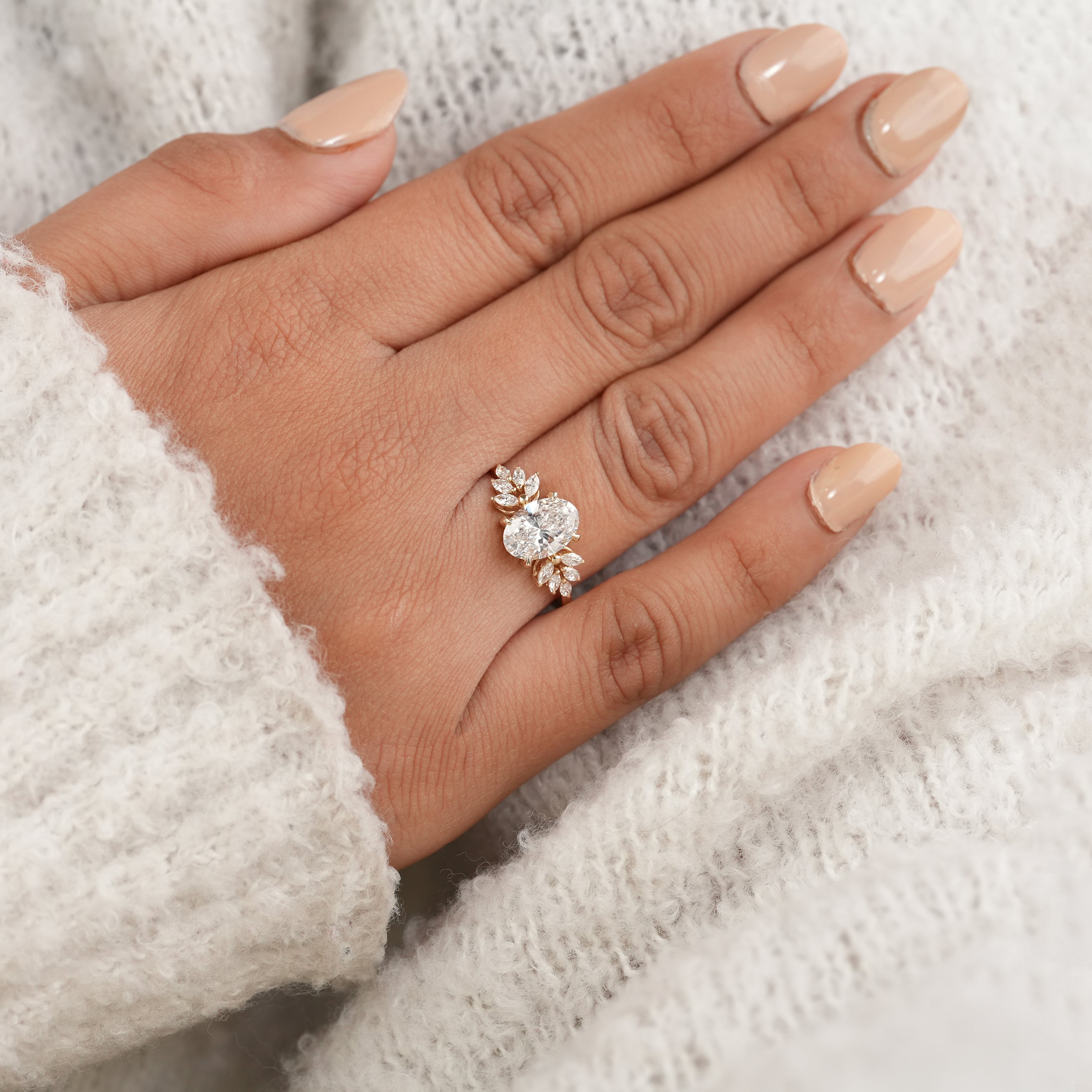Luxury Oval Cut Diamond Ring with Marquise Accent Diamond Setting