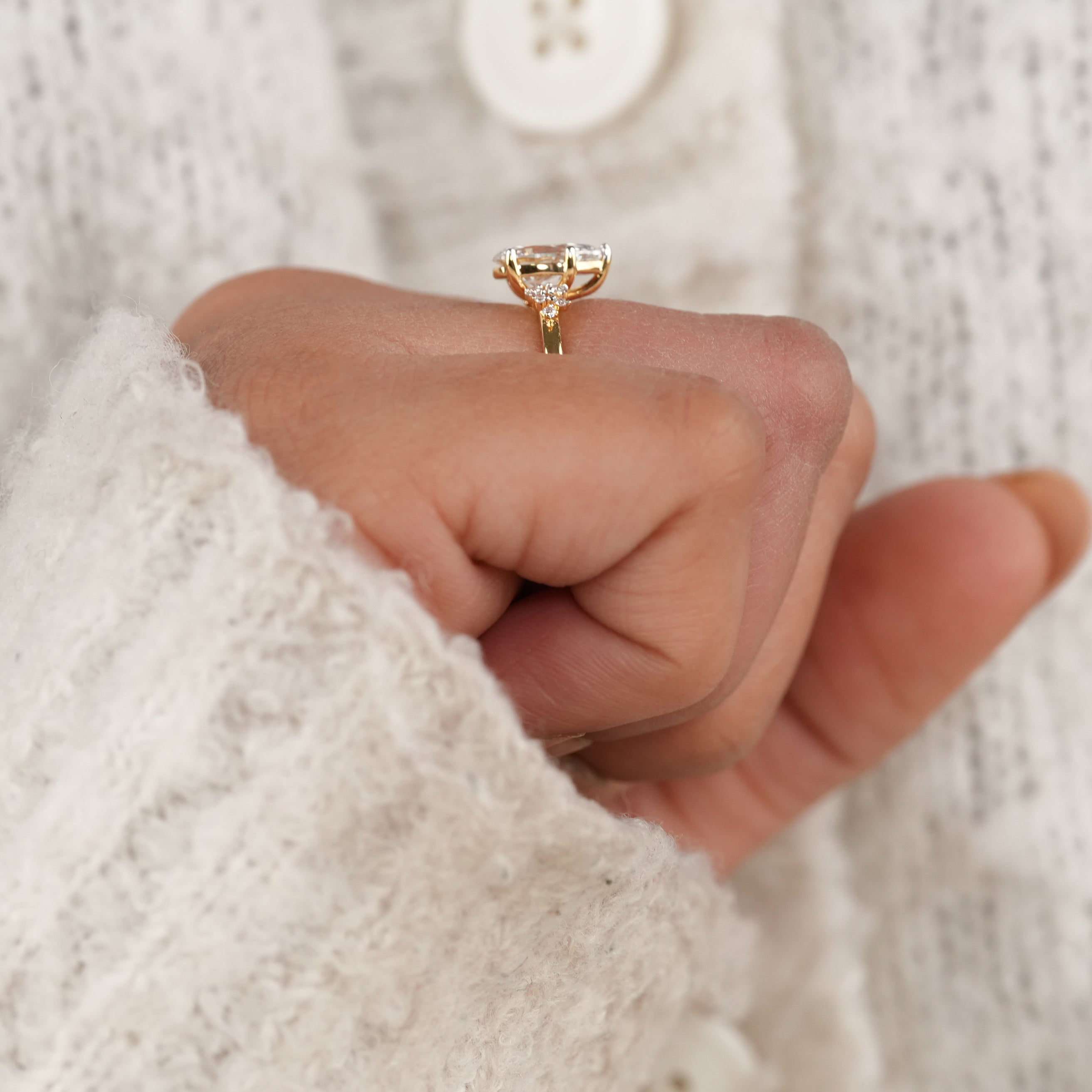 Dainty Pear Diamond Engagement Ring with Petite Floral Side Stones
