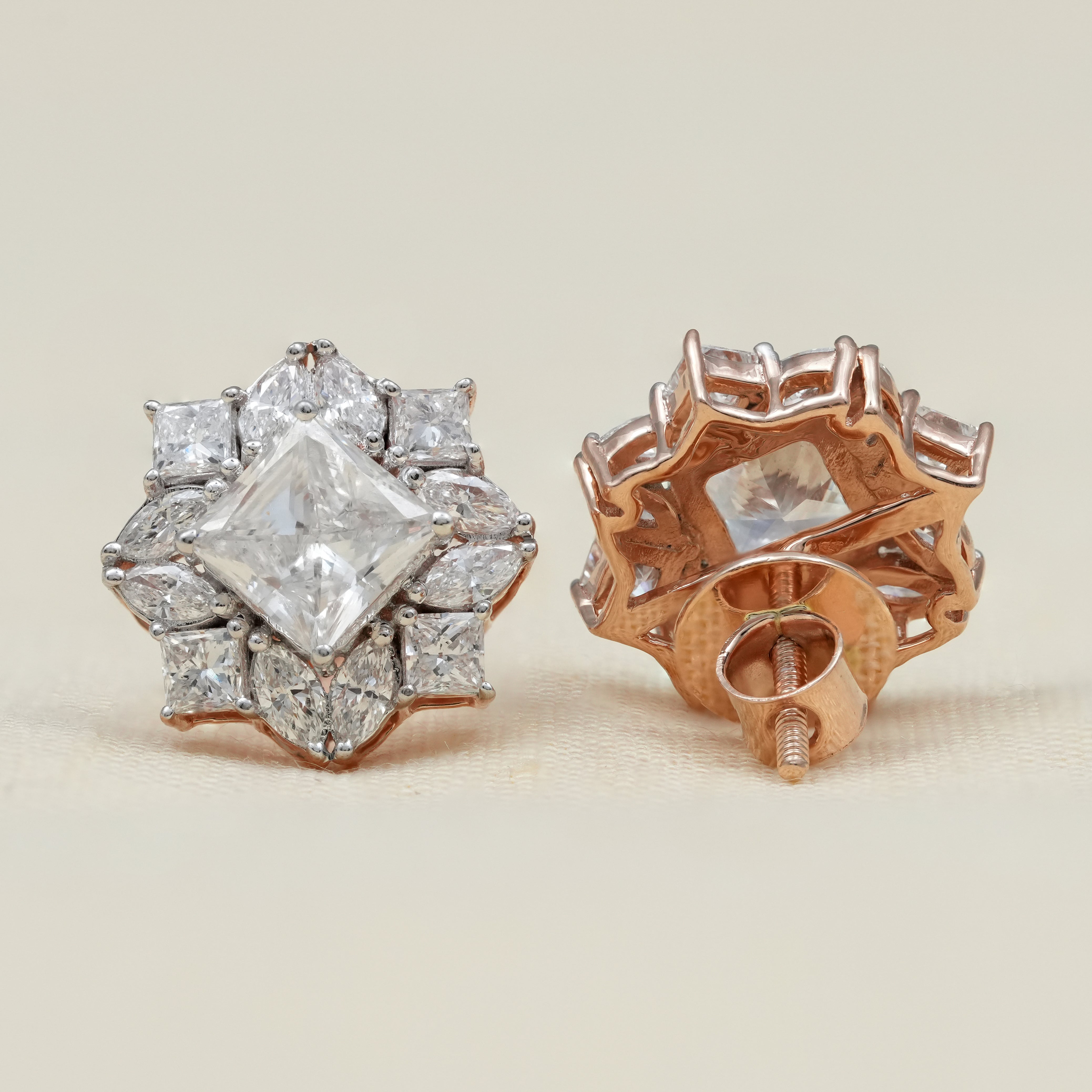 Floral Cluster Princess Cut Lab Diamond Halo Stud Earrings