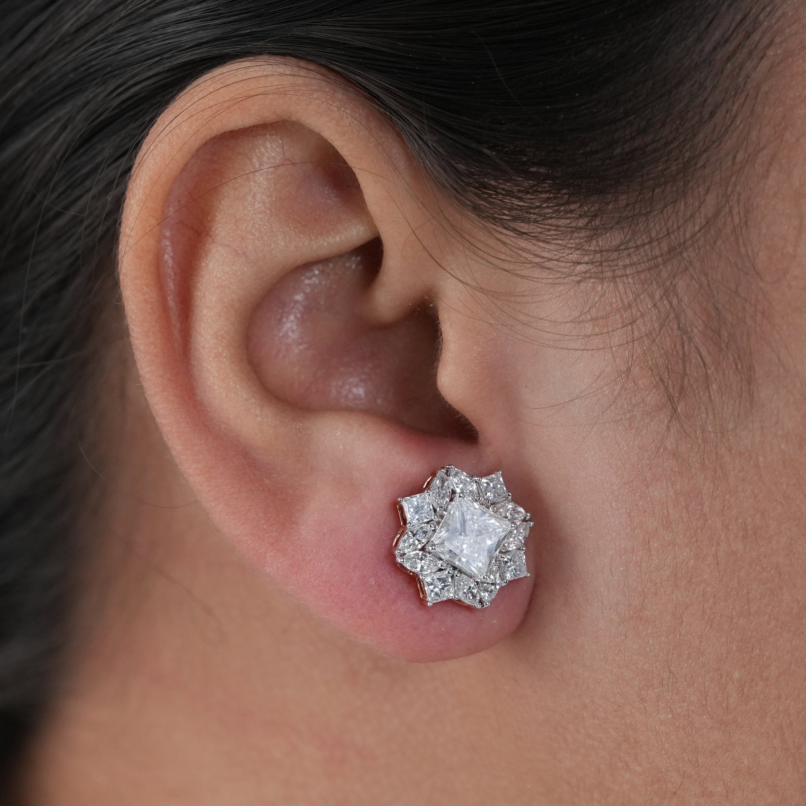 Floral Cluster Princess Cut Lab Diamond Halo Stud Earrings