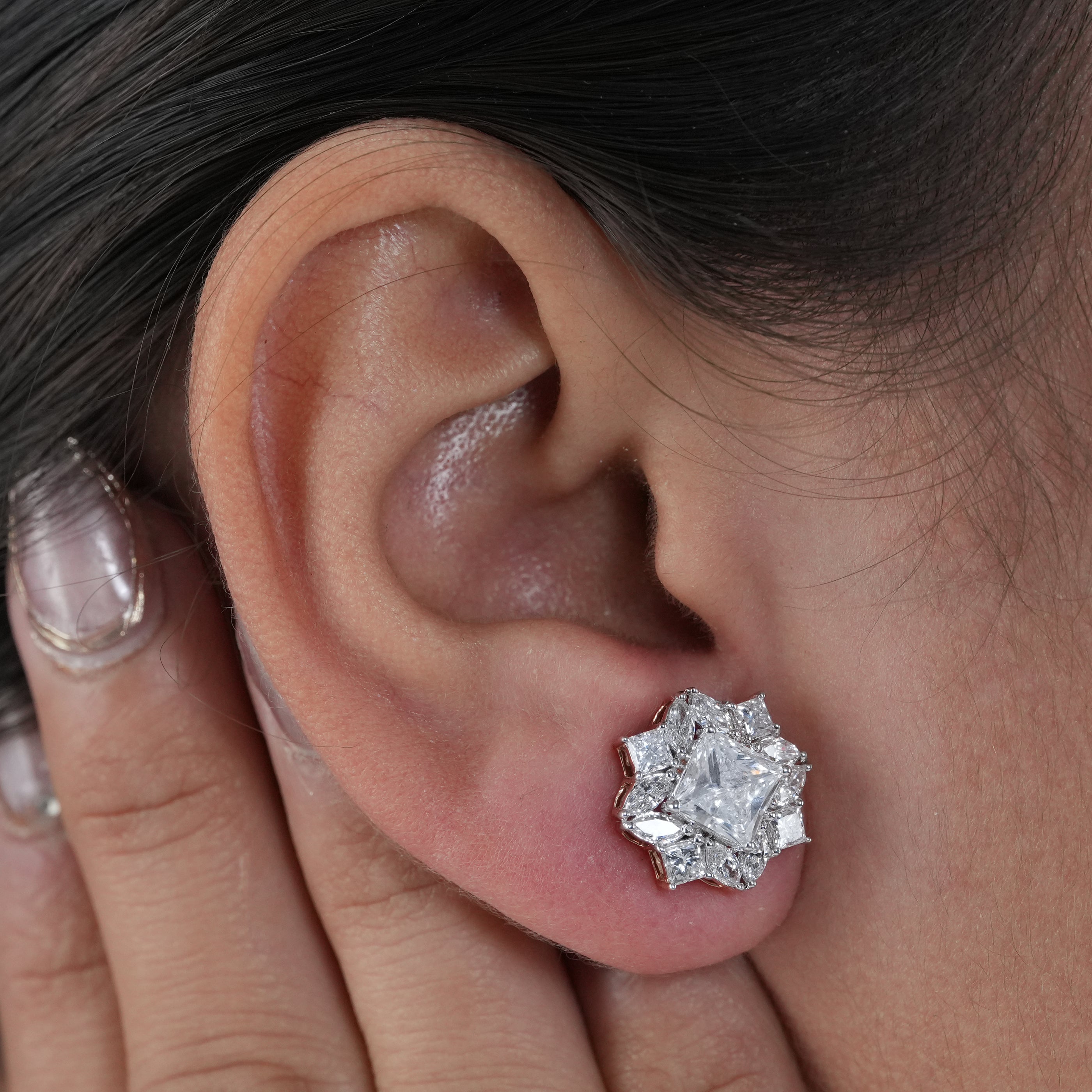 Floral Cluster Princess Cut Lab Diamond Halo Stud Earrings