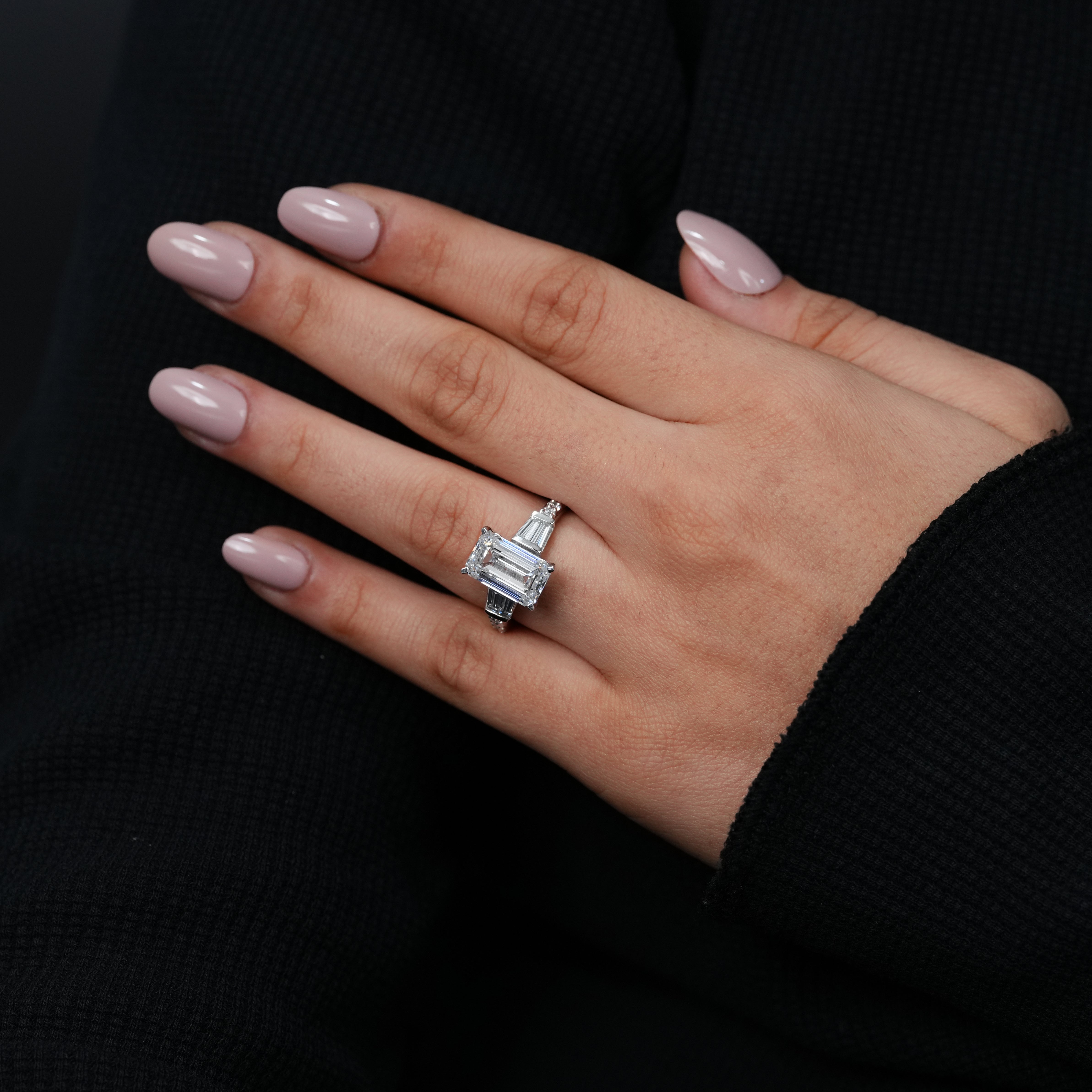Classic lab grown diamond emerald cut ring with baguette side stones