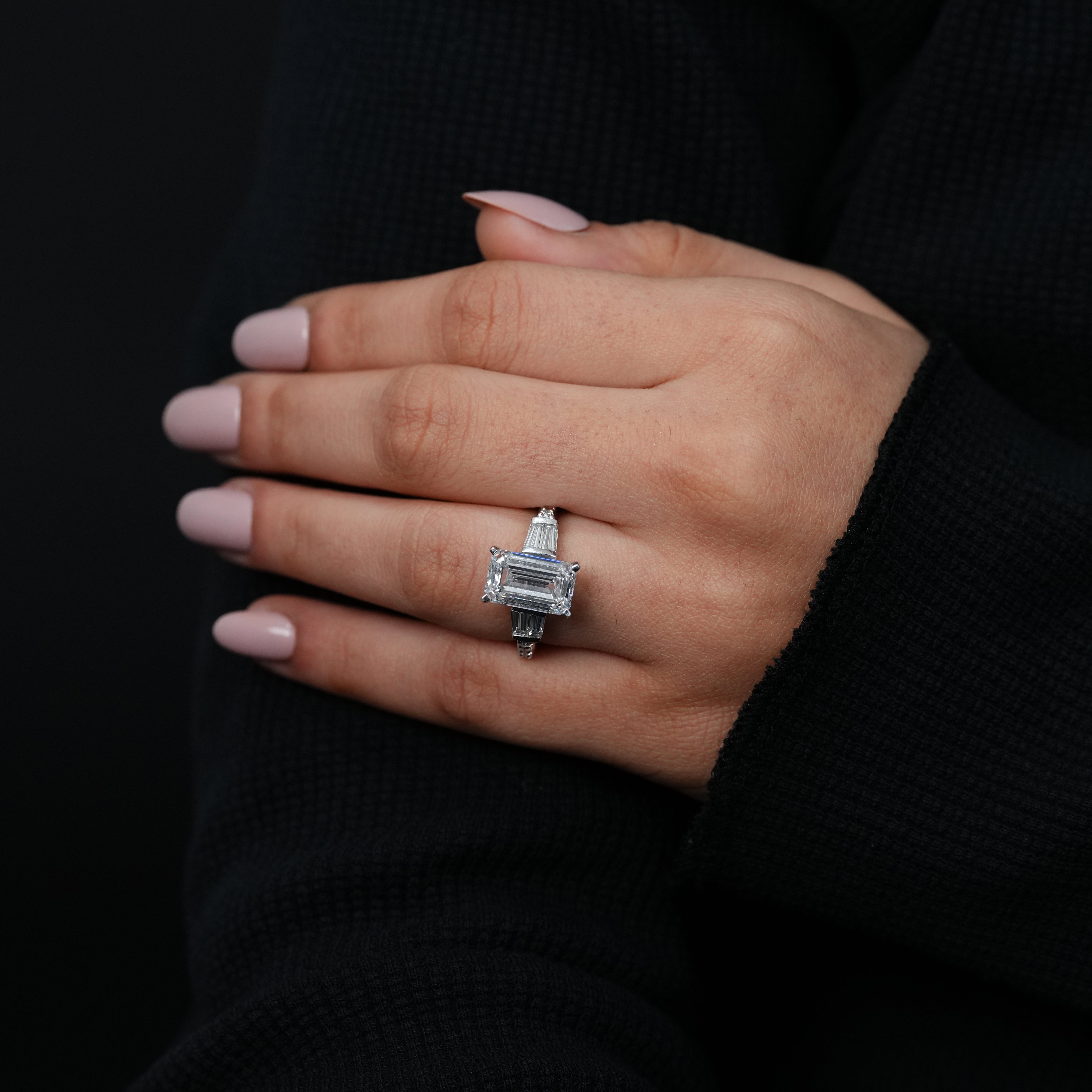 lab grown diamond emerald cut engagement ring baguette sides
