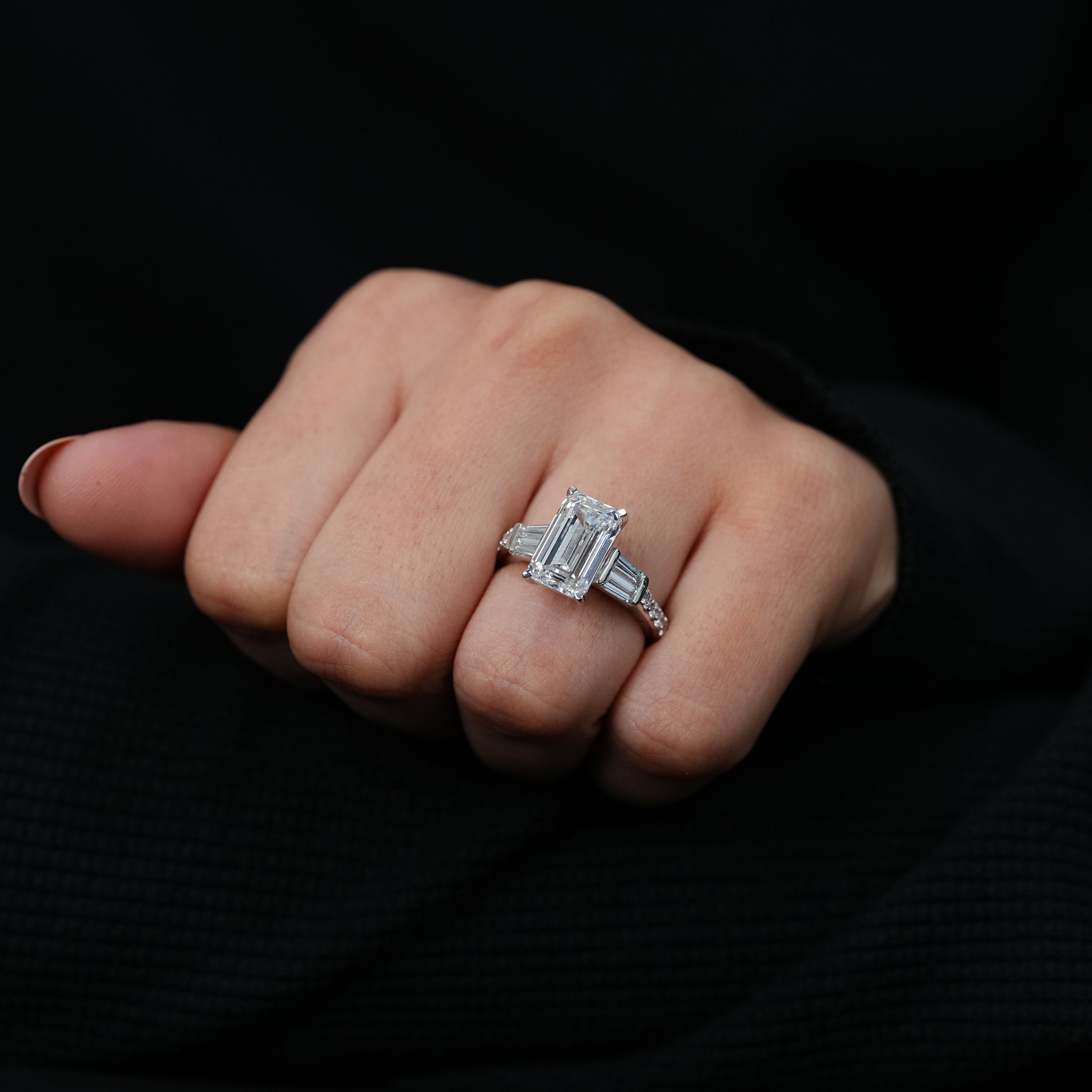 Three Stone Emerald Cut Lab Diamond Engagement Ring