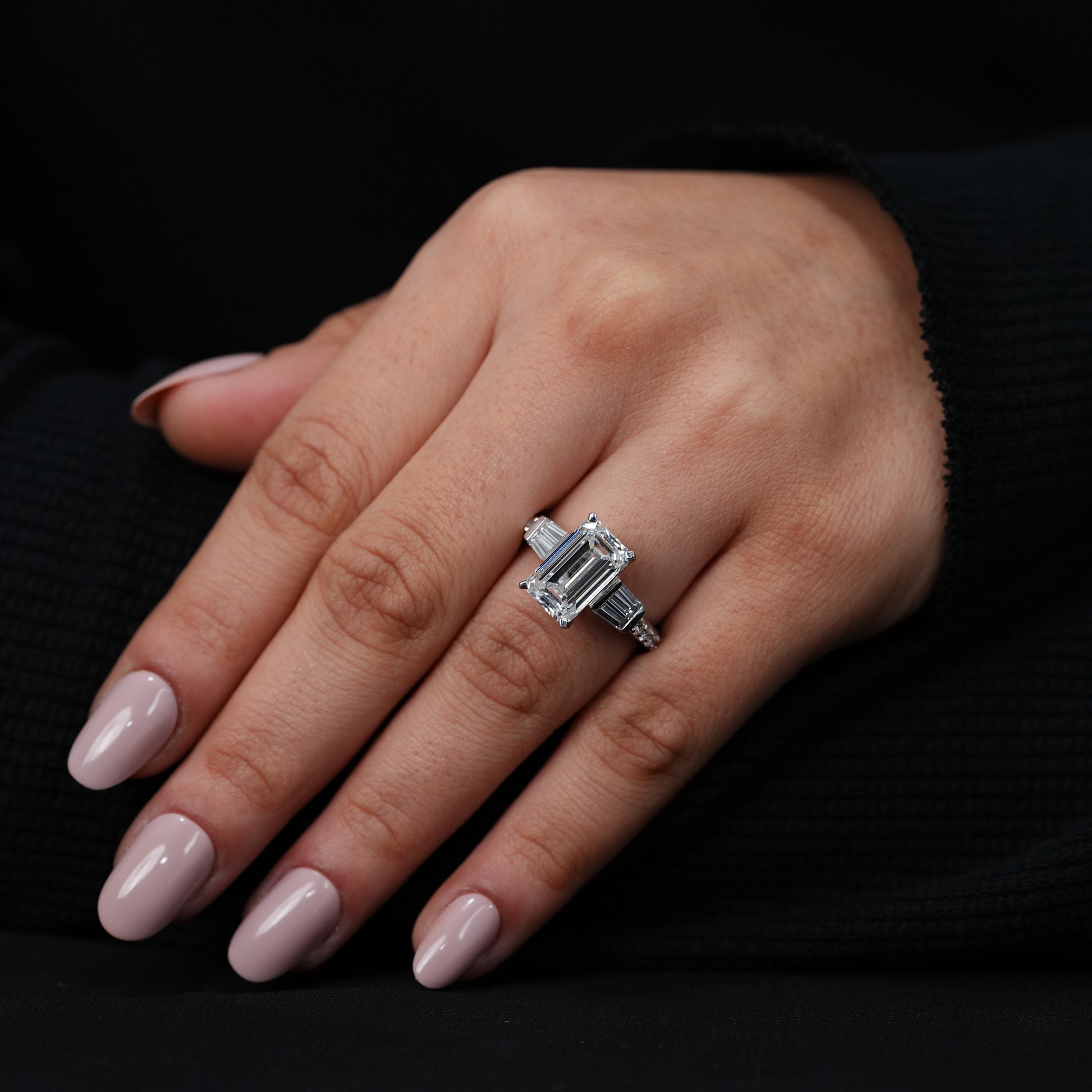 Three Stone Emerald Cut Lab Diamond Engagement Ring