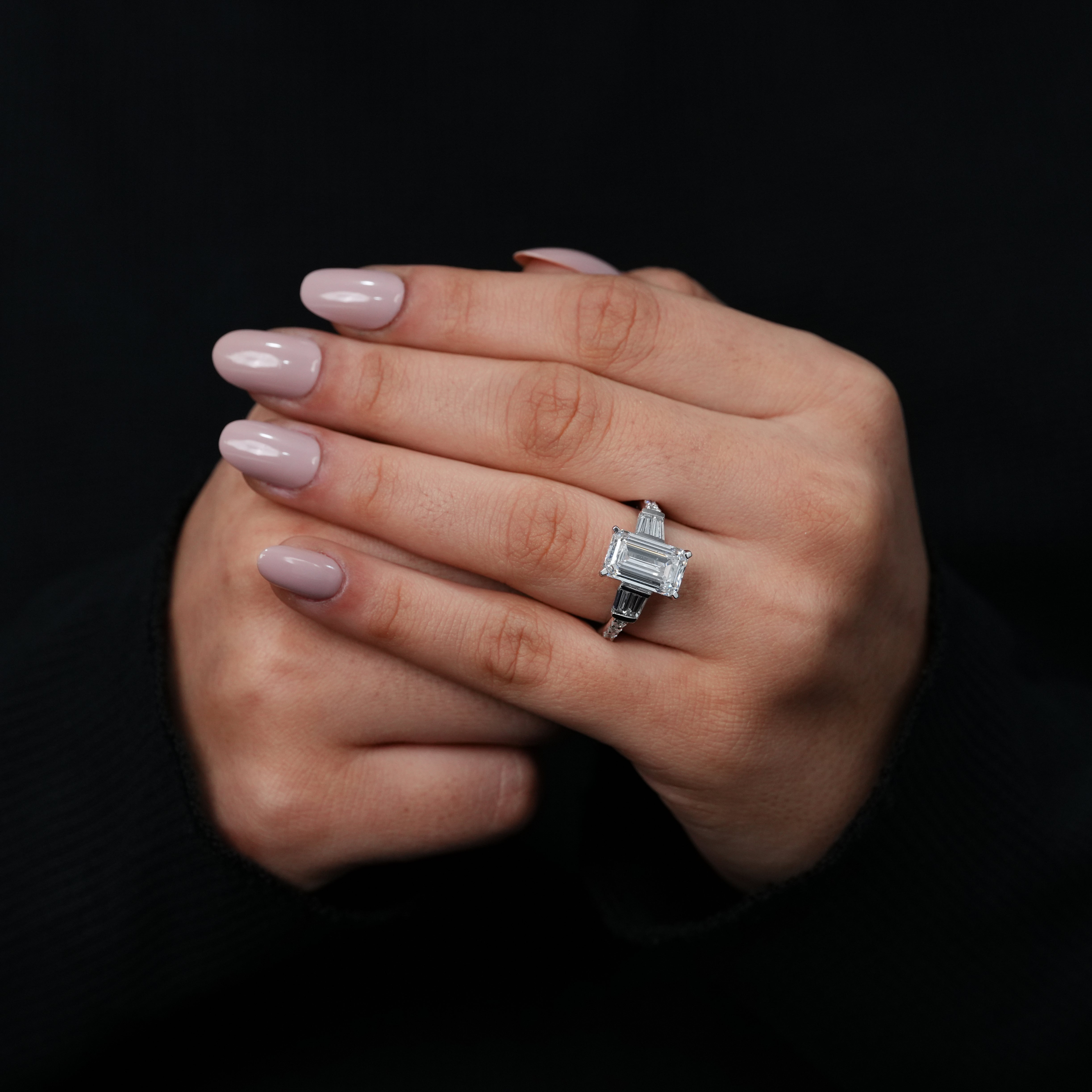 luxury  three stone emerald cut lab grown diamond ring baguette accents 