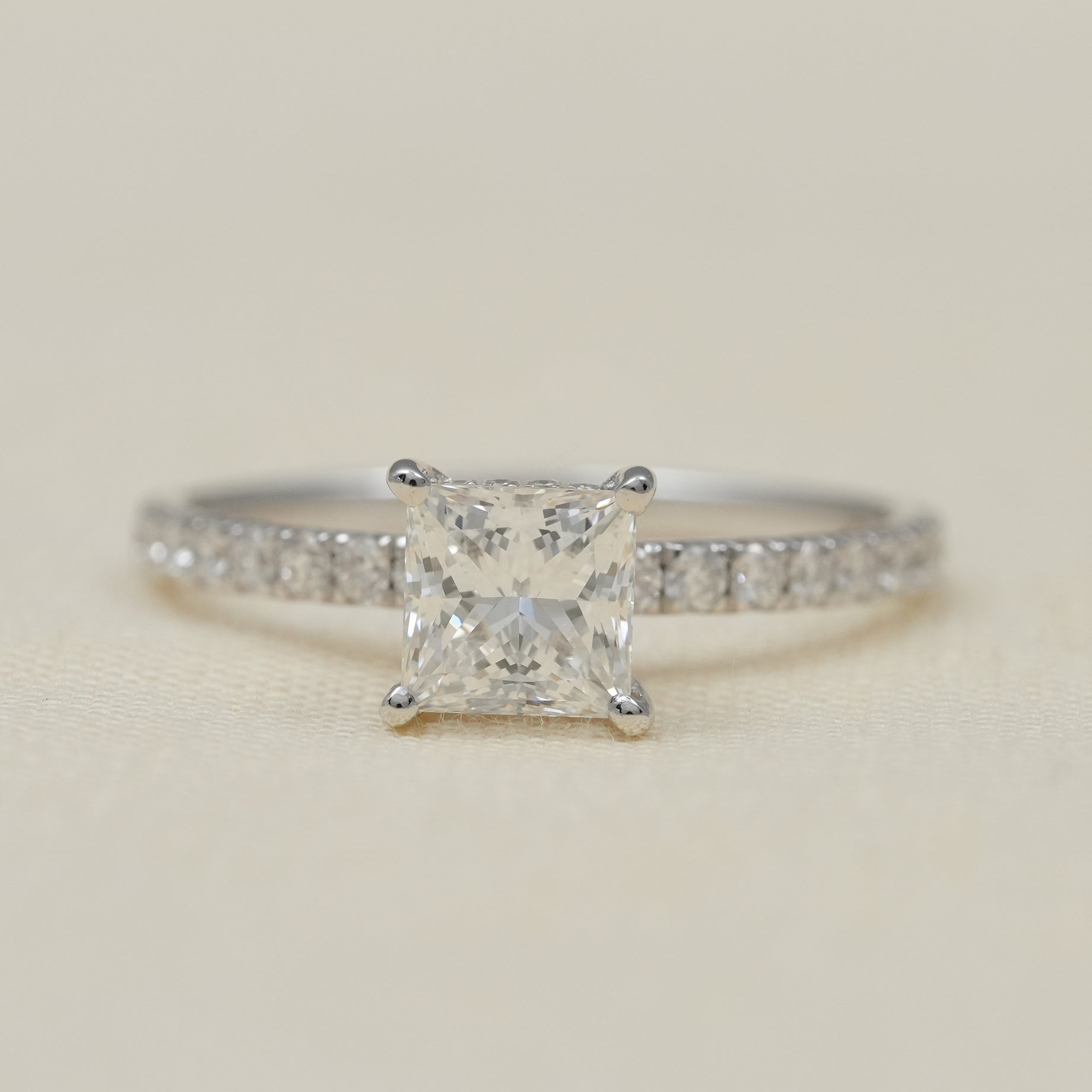 Princess cut lab grown diamond engagement ring with pavé band