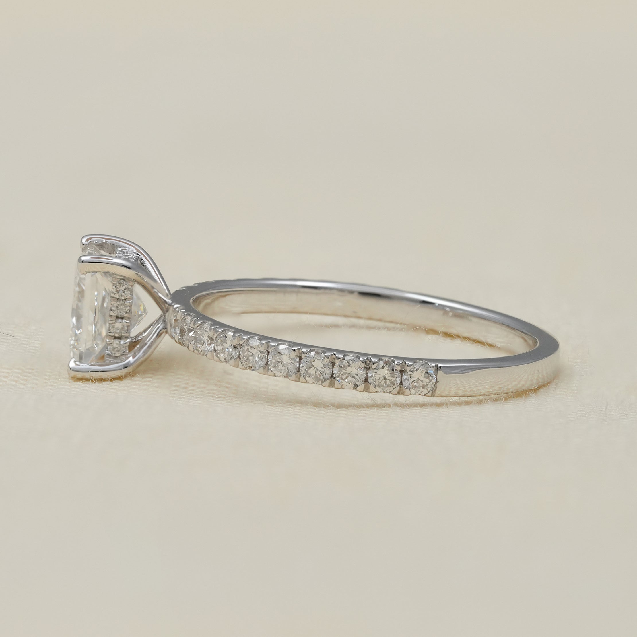 Princess lab grown diamond ring with refined pavé shank