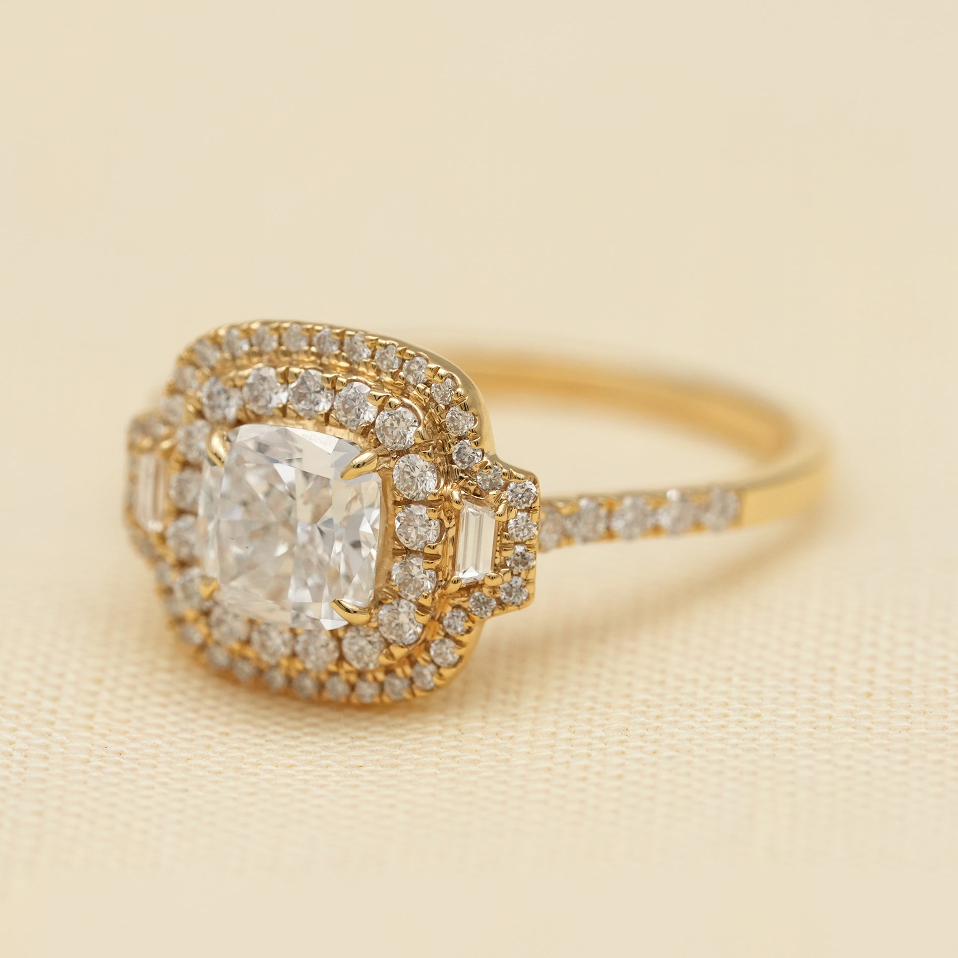 Cushion Cut Lab Diamond Double Halo Gold Engagement Ring