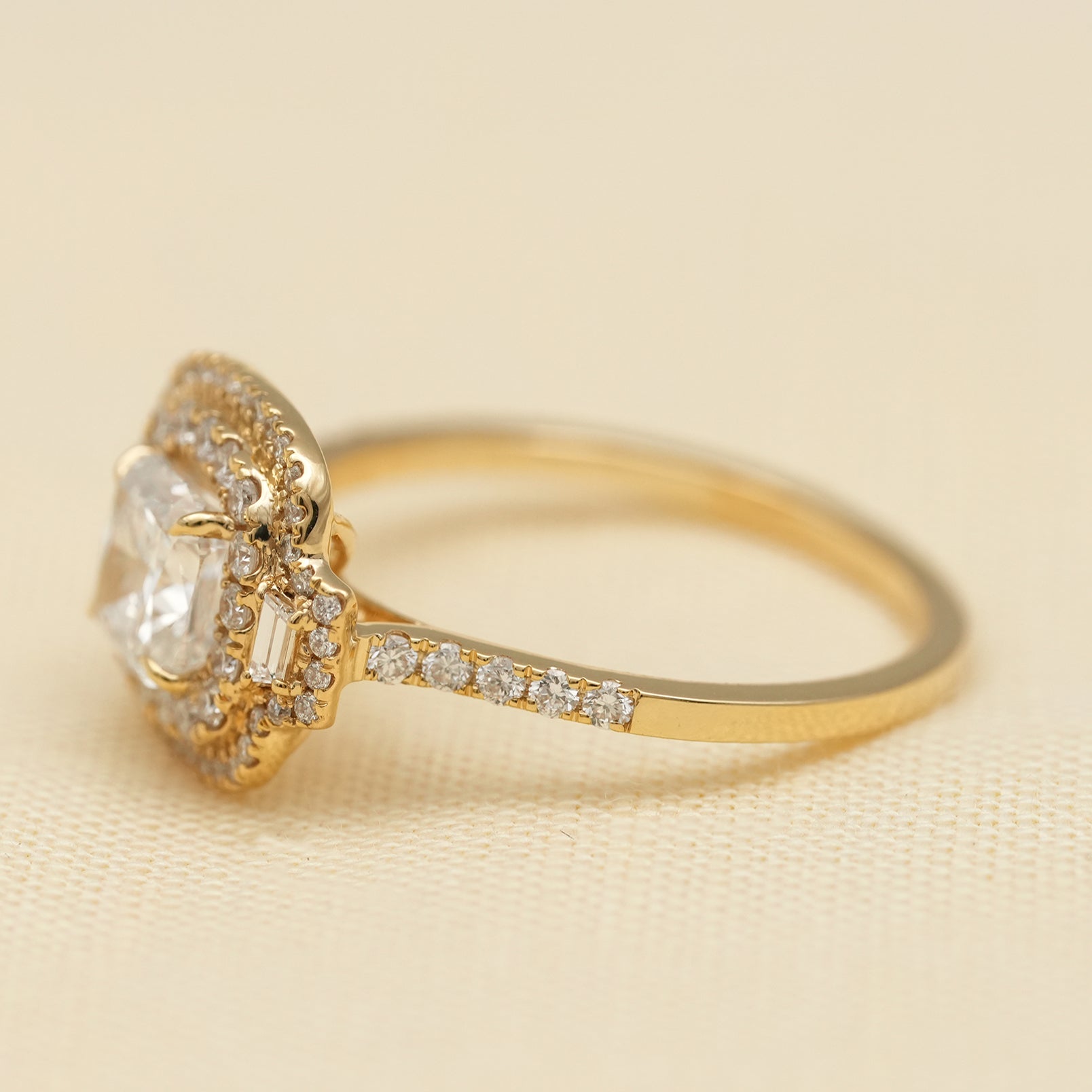 Cushion Cut Lab Diamond Double Halo Gold Engagement Ring