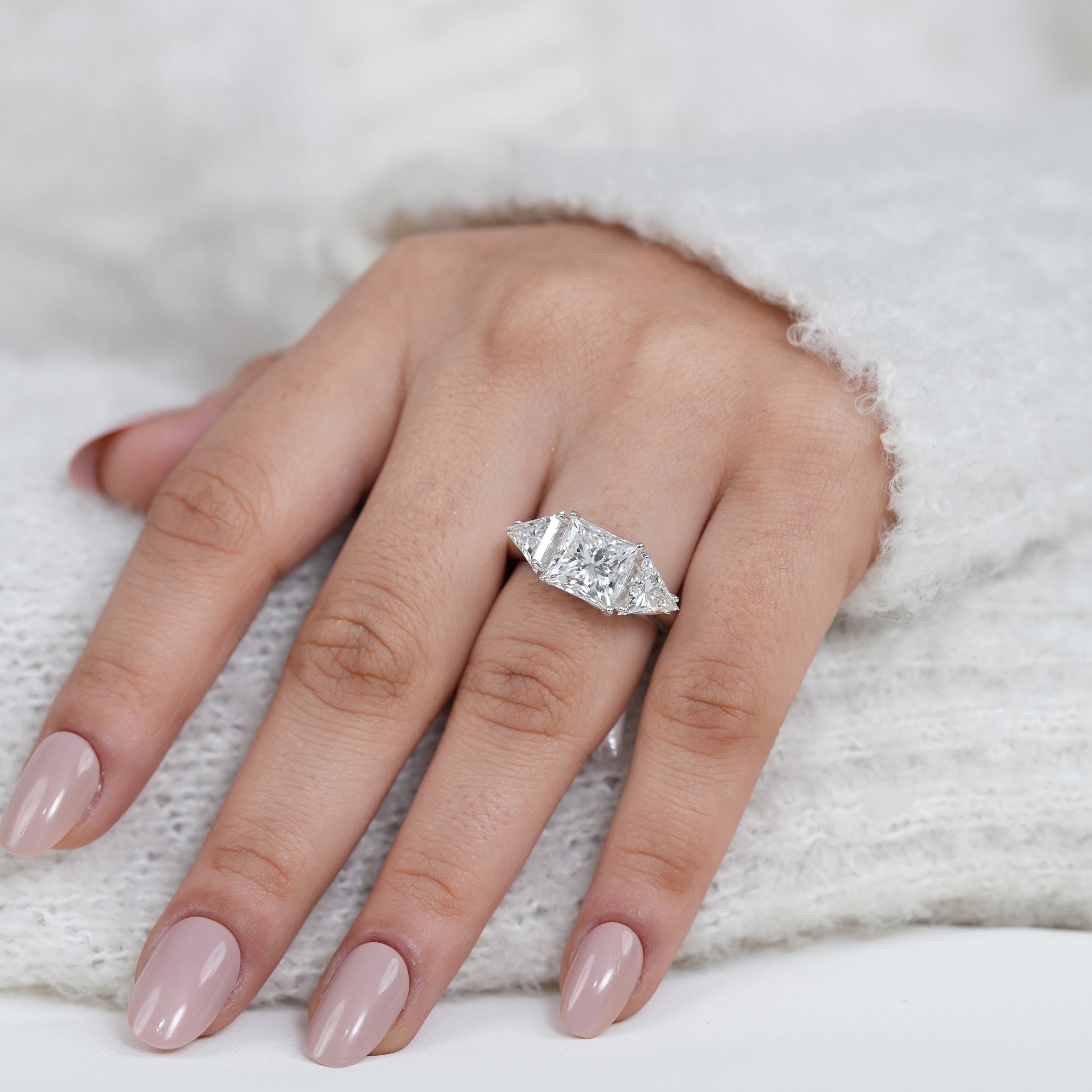 Vintage Style Three Stone Princess Lab Diamond Engagement Ring