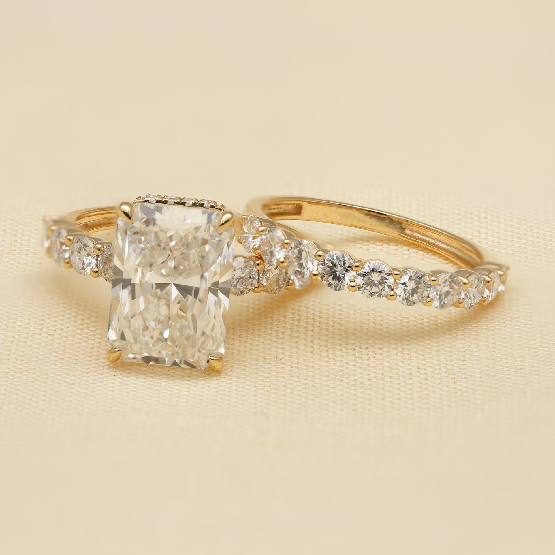 Radiant Cut Lab Diamond Wedding Ring Set with Matching Diamond Band