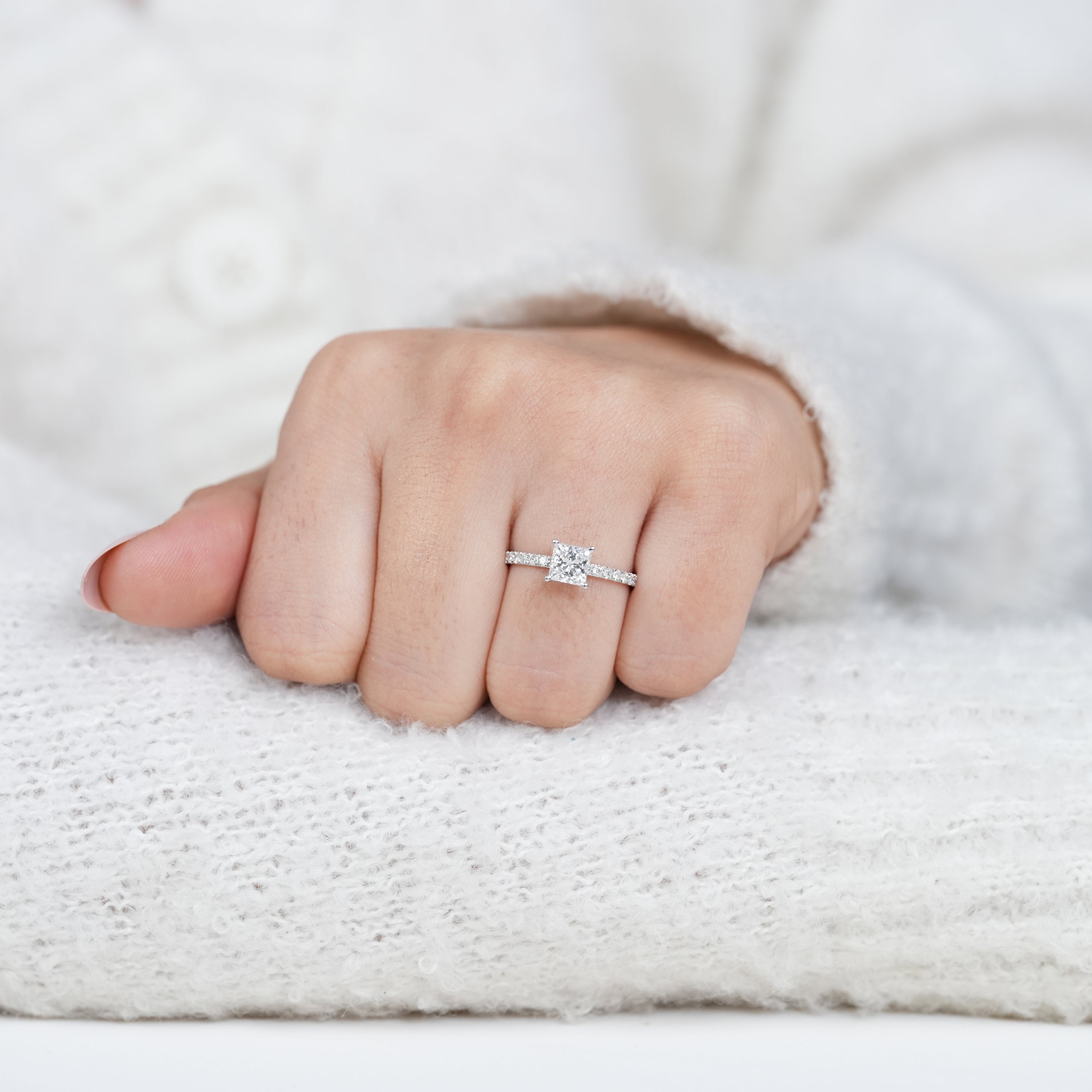 Minimal princess lab grown diamond engagement ring with pavé sparkle