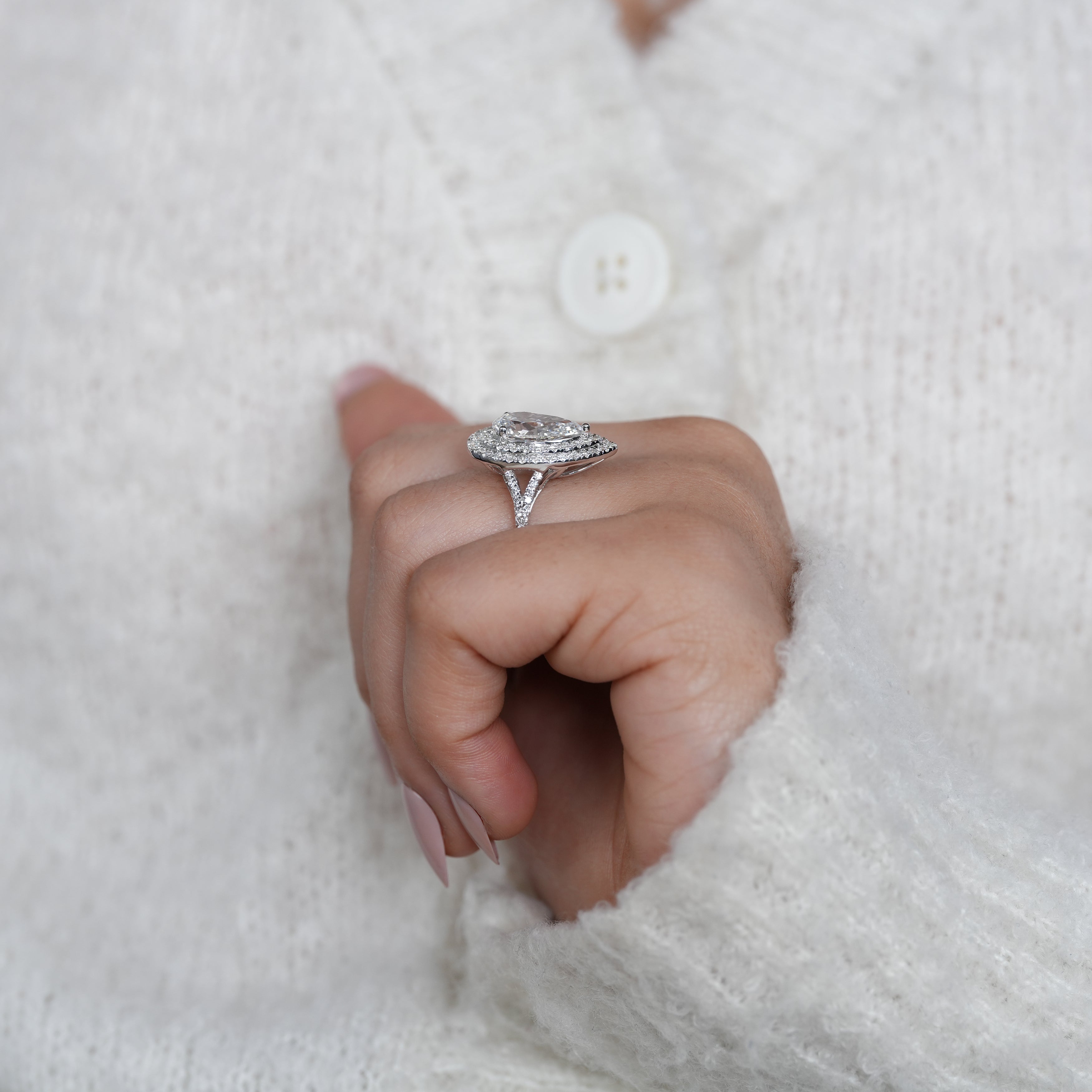 Lab grown diamond pear double halo ring classic engagement design