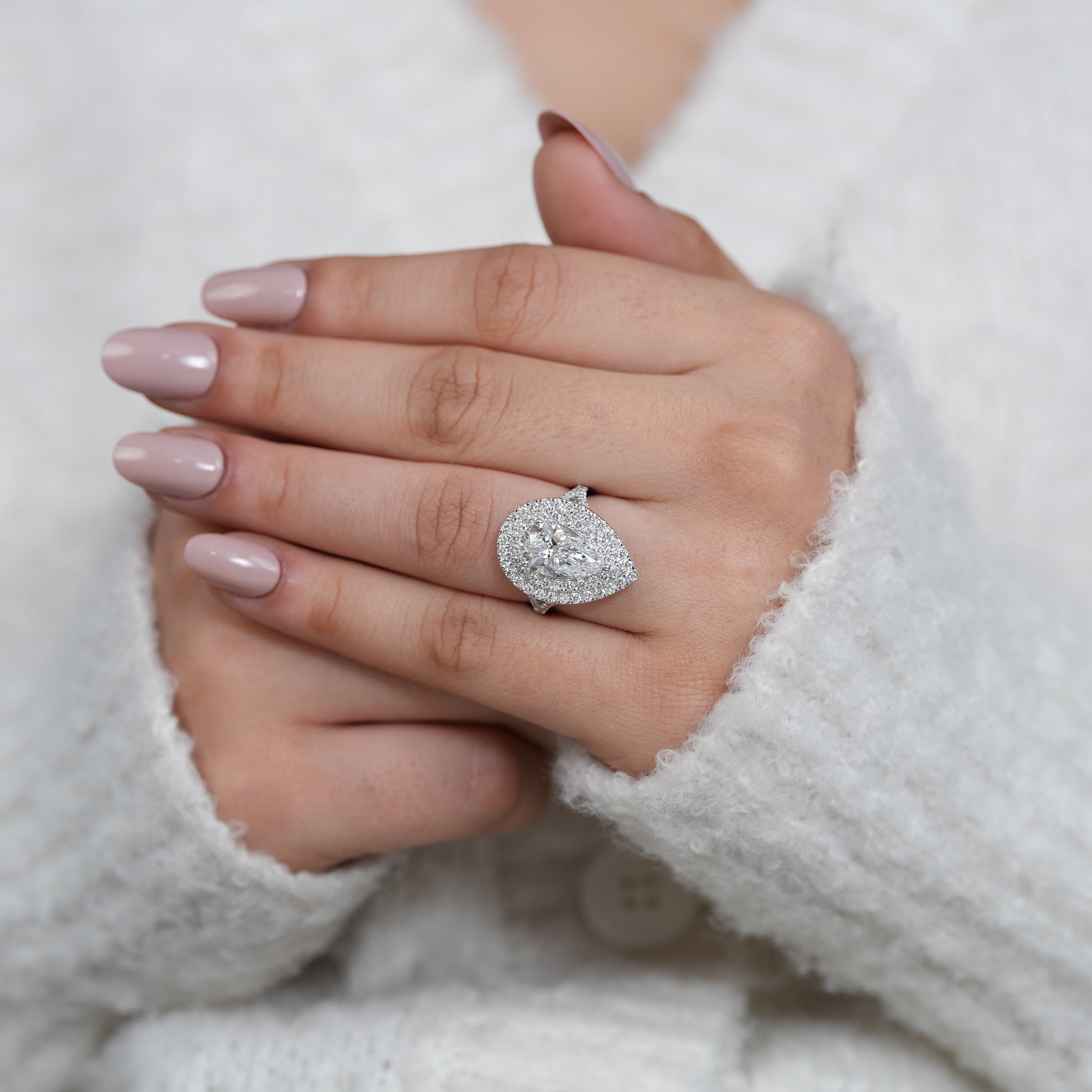 Lab grown diamond pear double halo ring romantic gift for her