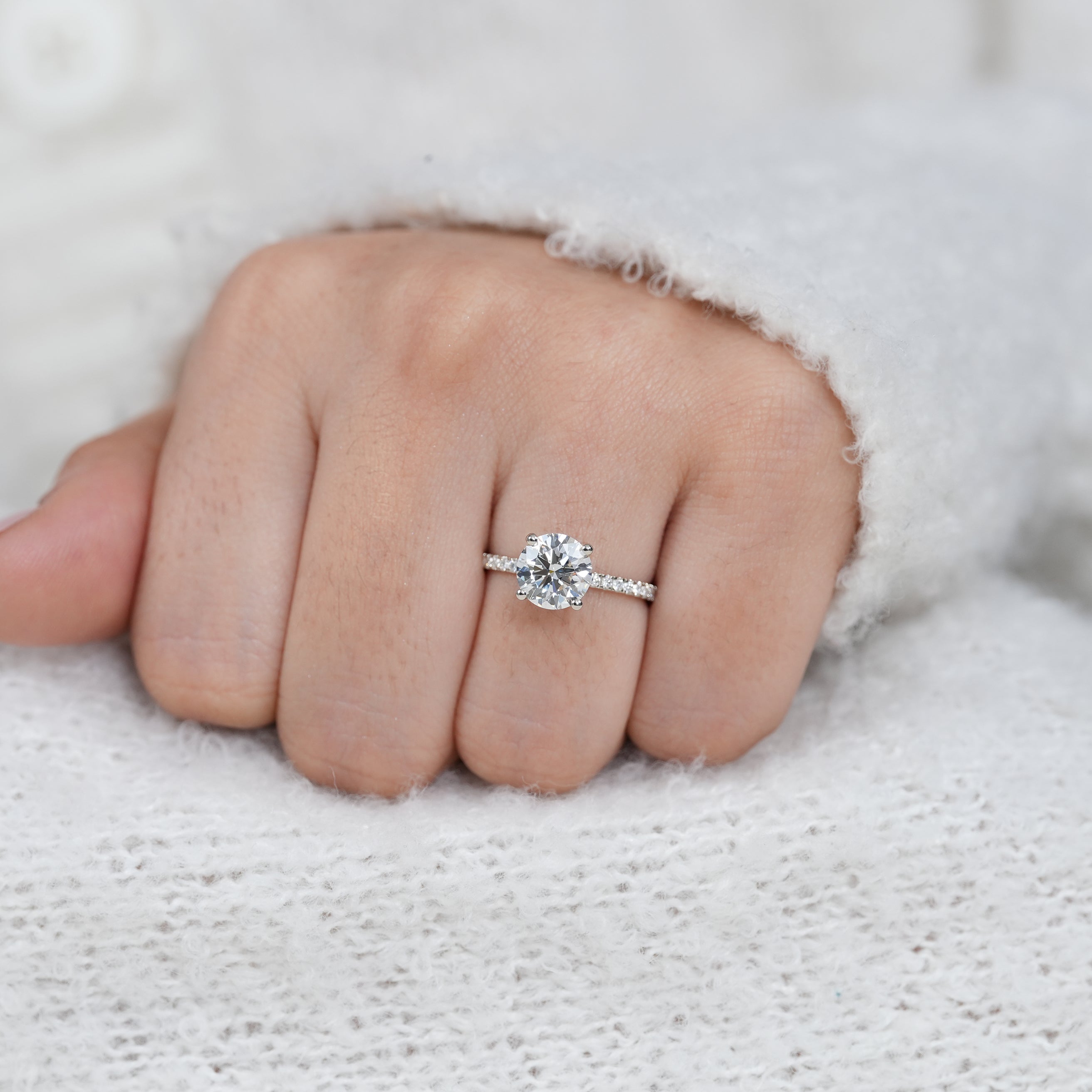 Round lab grown diamond bridal ring with polished white gold band