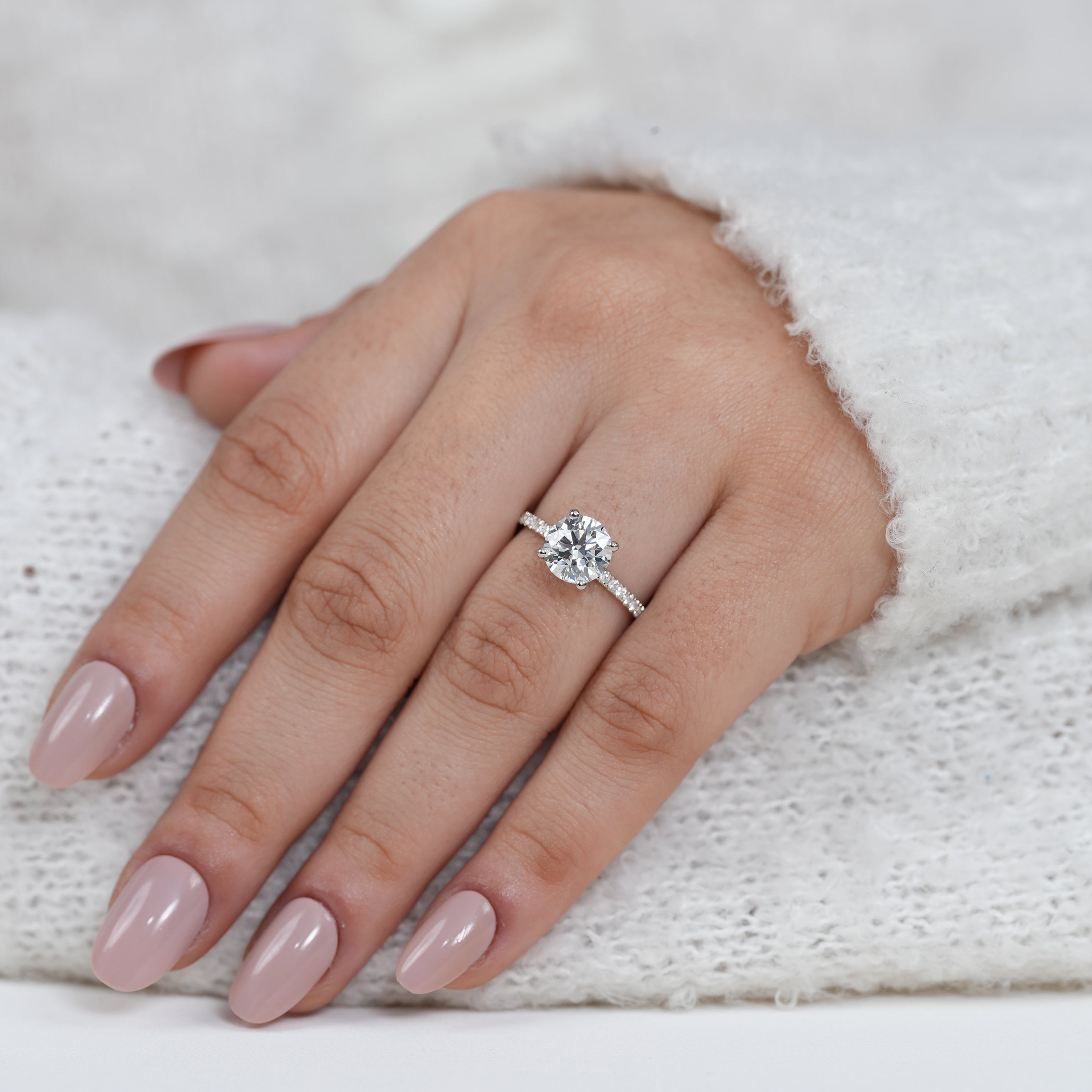 Minimal round lab grown diamond engagement ring with pavé sparkle