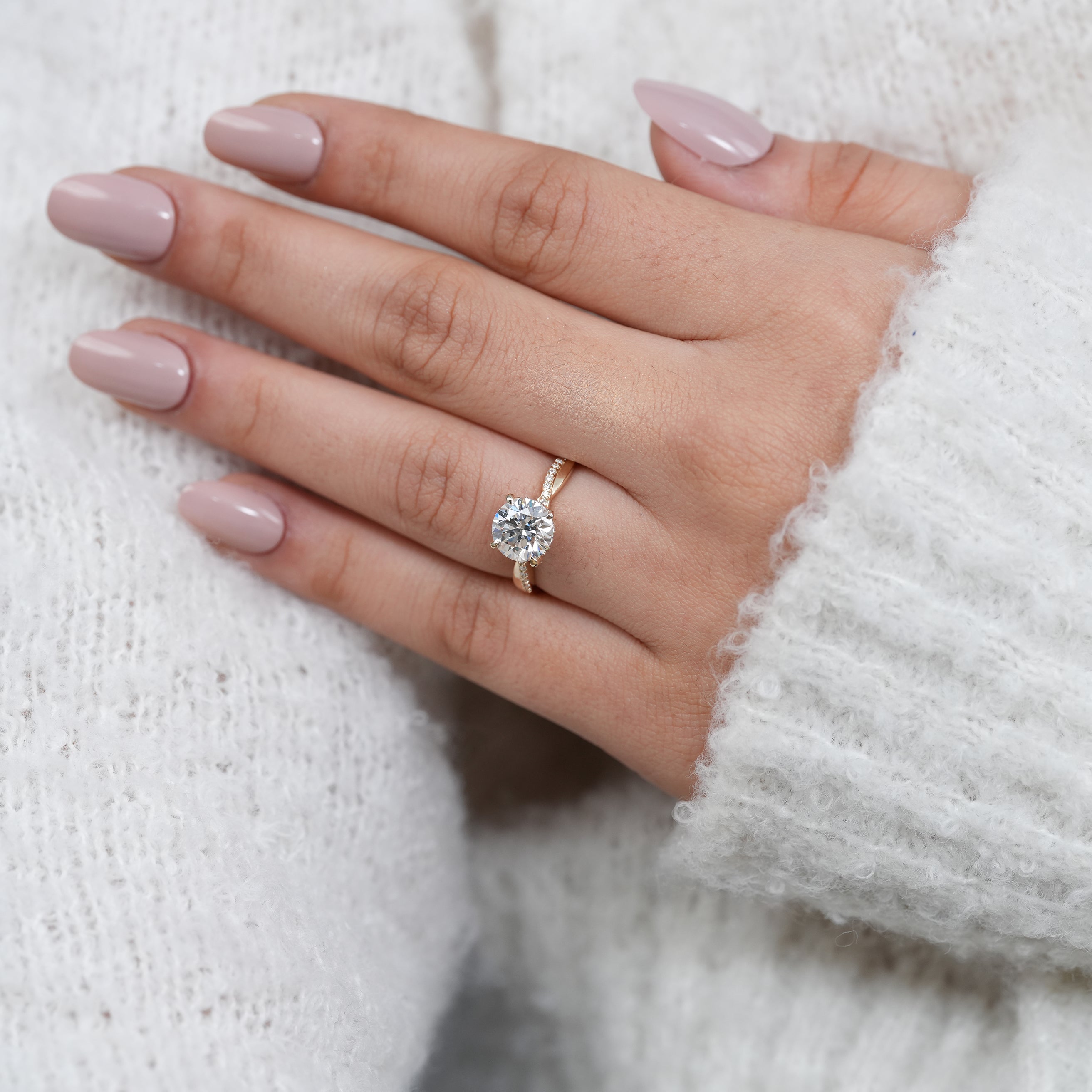 Round lab grown diamond engagement ring with pavé accents