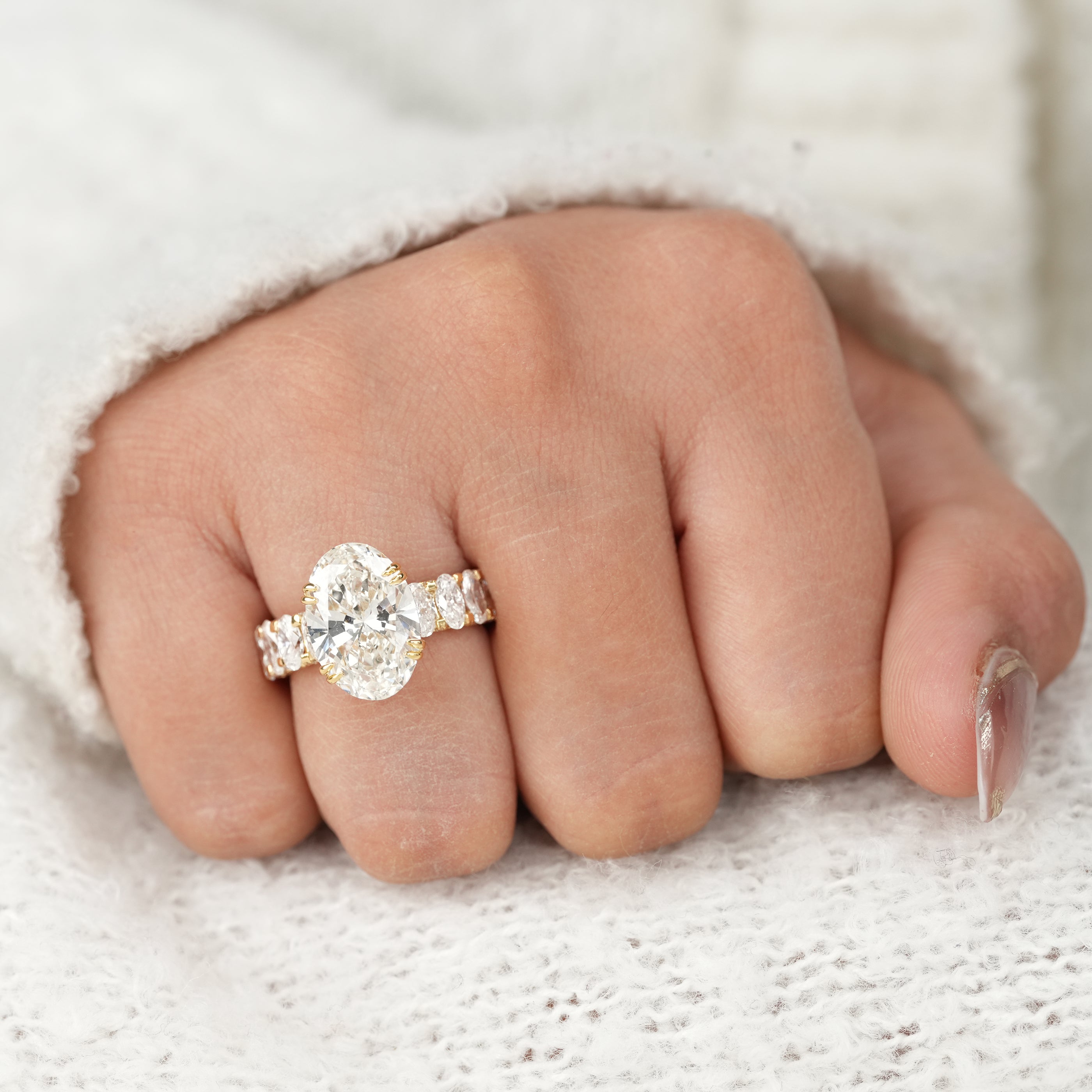 Oval Cut Lab Diamond Ring with Hidden Halo Oval Accent Band