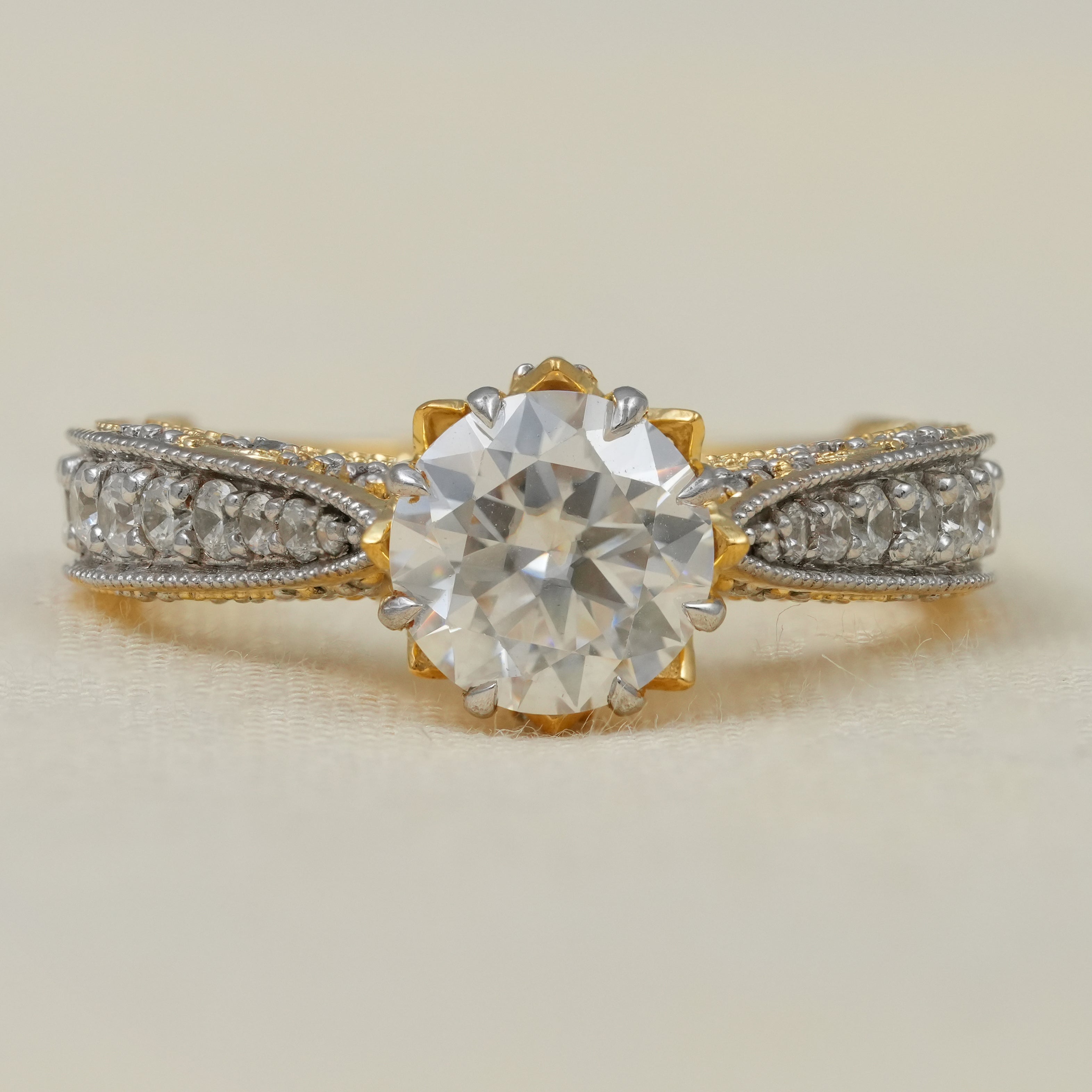 Round lab grown diamond engagement ring twisted pavé yellow gold
