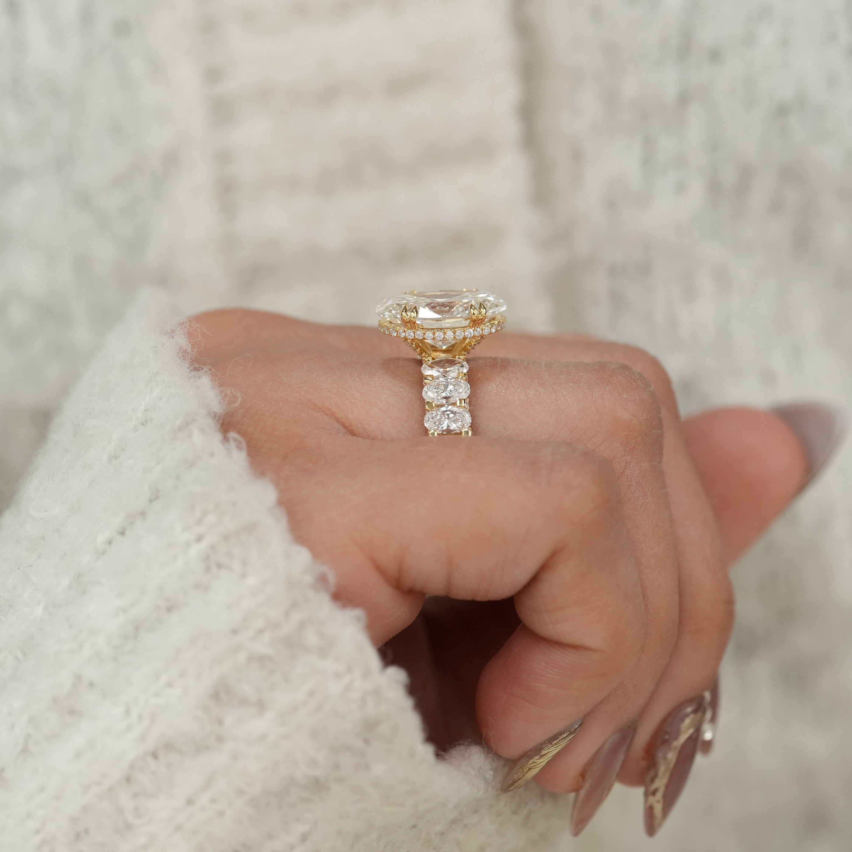 Oval Cut Lab Diamond Ring with Hidden Halo Oval Accent Band