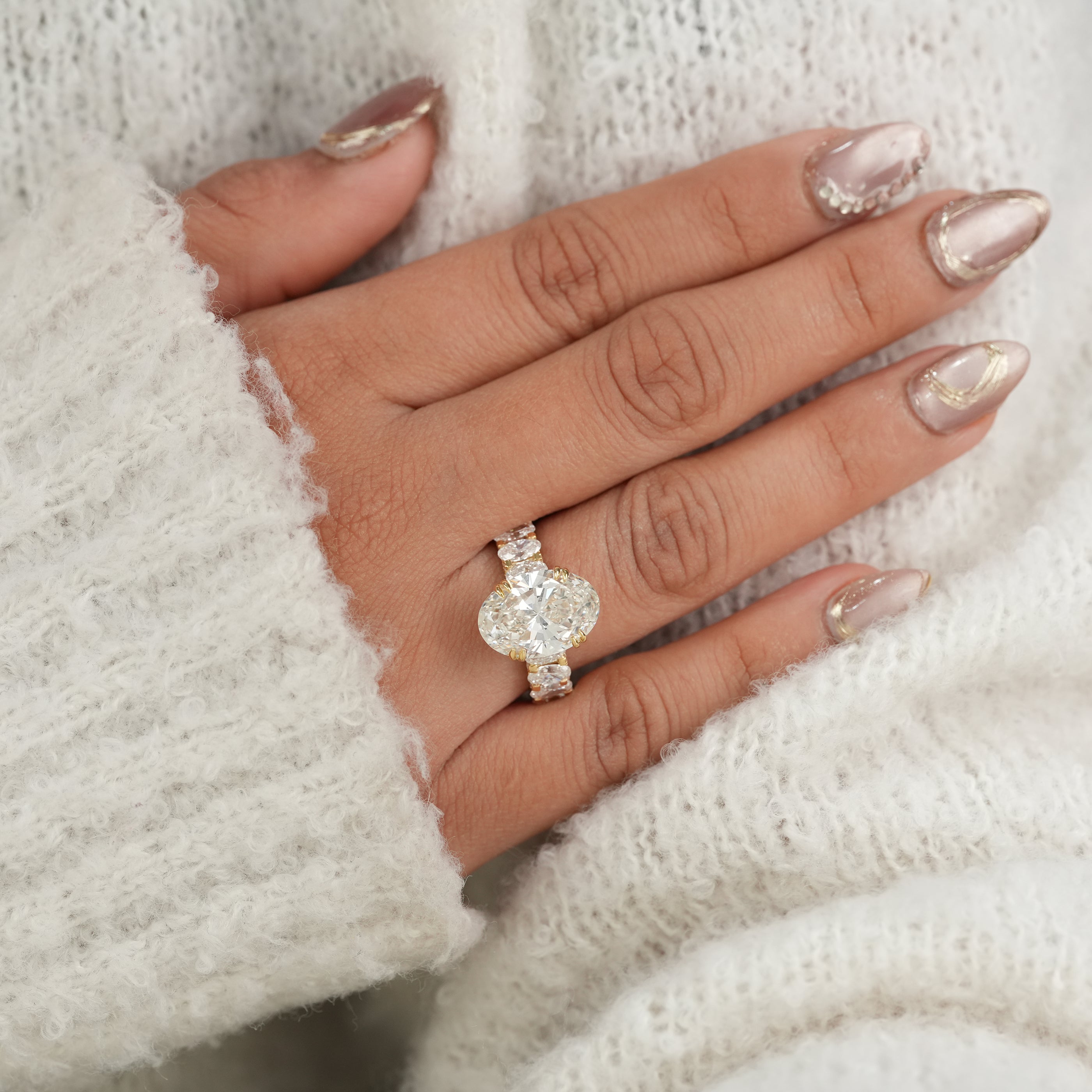 Oval Cut Lab Diamond Ring with Hidden Halo Oval Accent Band
