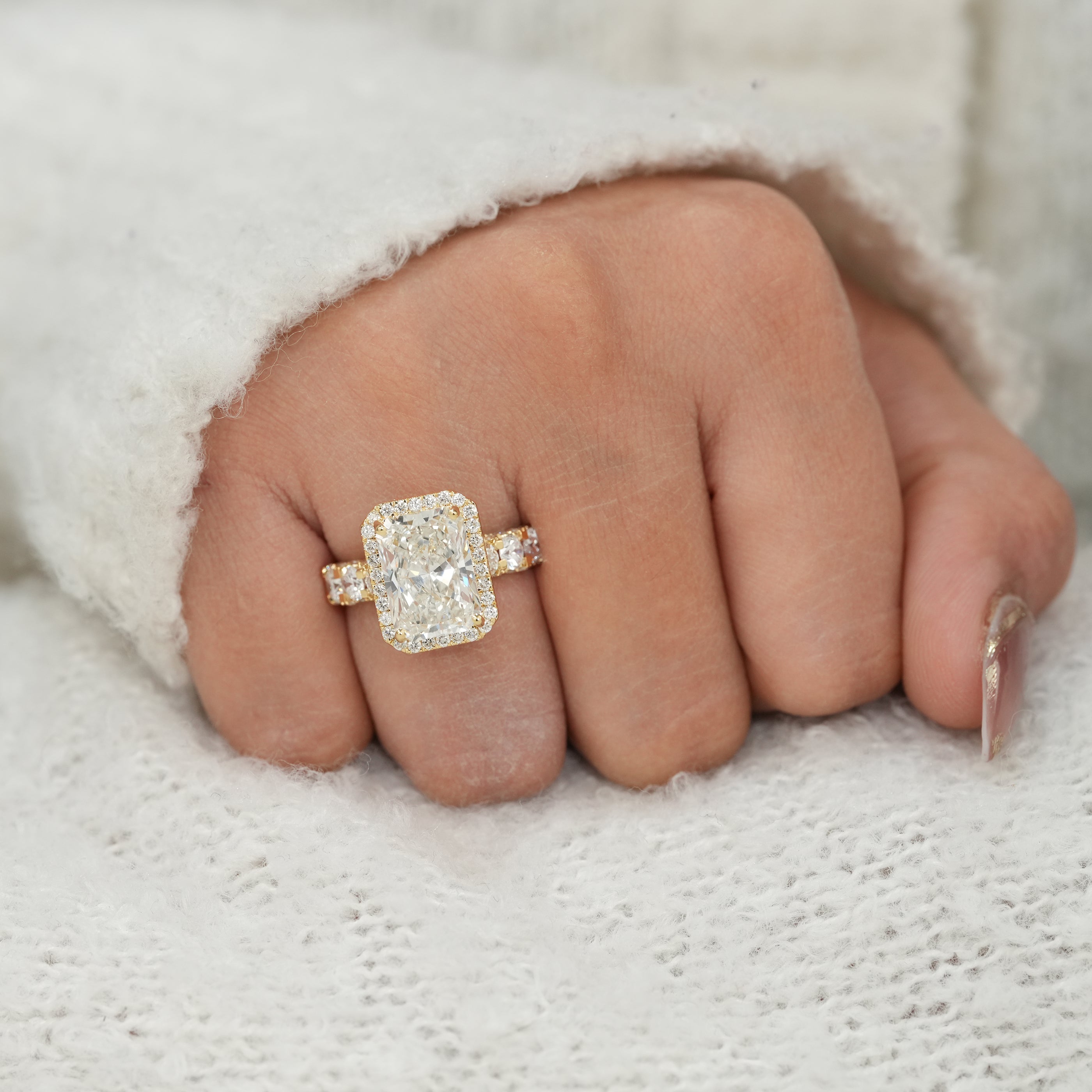 Radiant Cut Lab Diamond Halo Ring with Accent Diamond Band