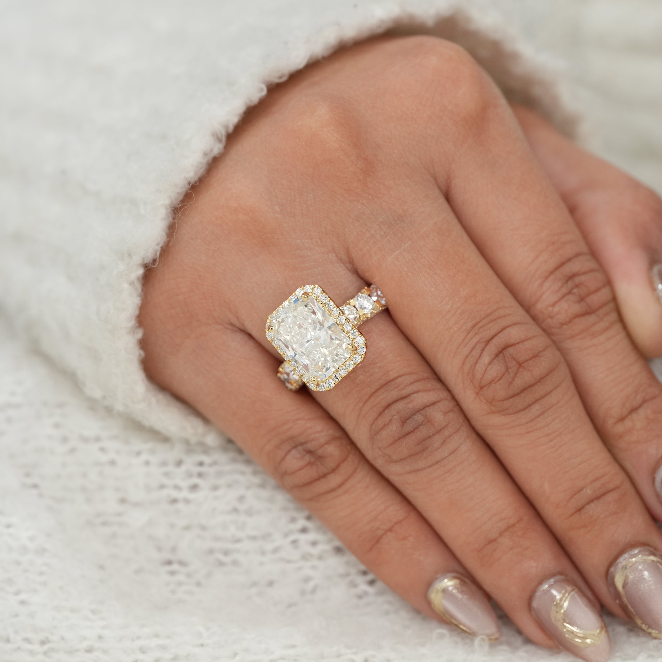 Radiant Cut Lab Diamond Halo Ring with Accent Diamond Band