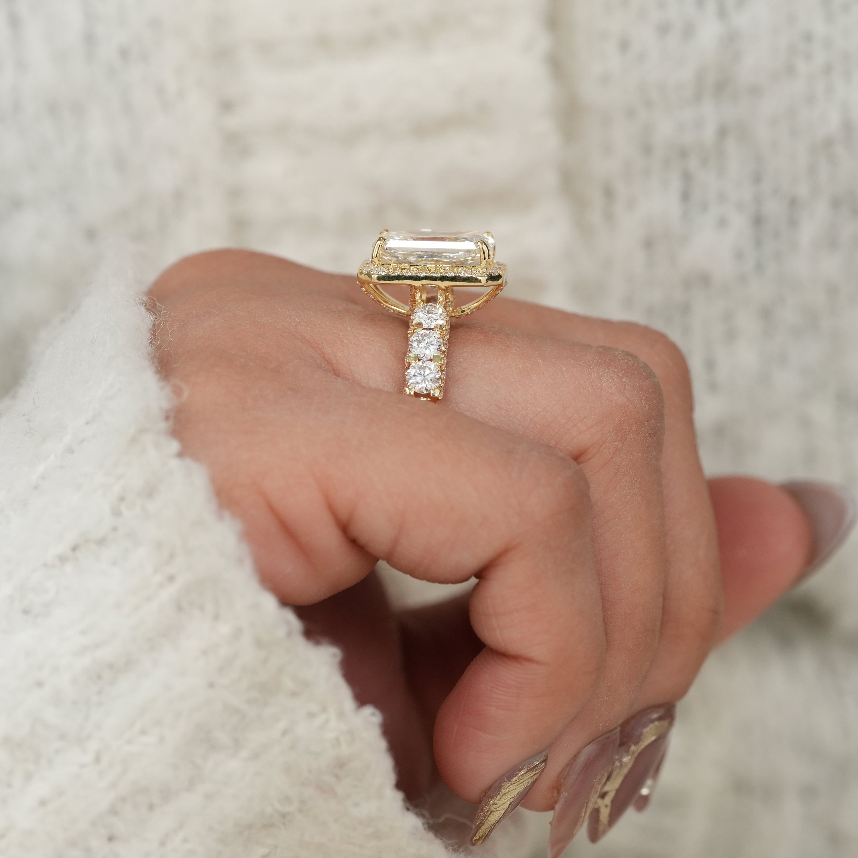 Radiant Cut Lab Diamond Halo Ring with Accent Diamond Band