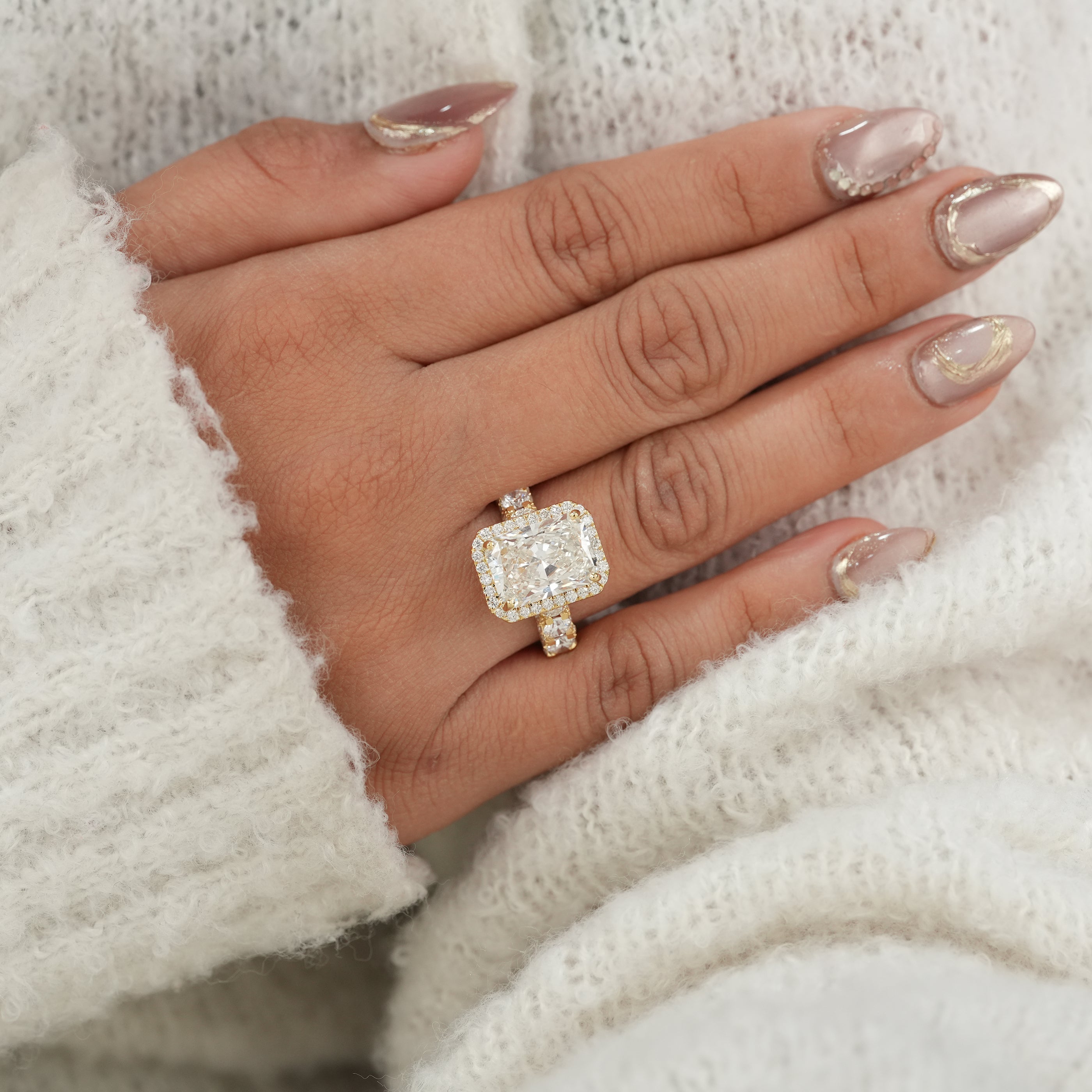 Radiant Cut Lab Diamond Halo Ring with Accent Diamond Band