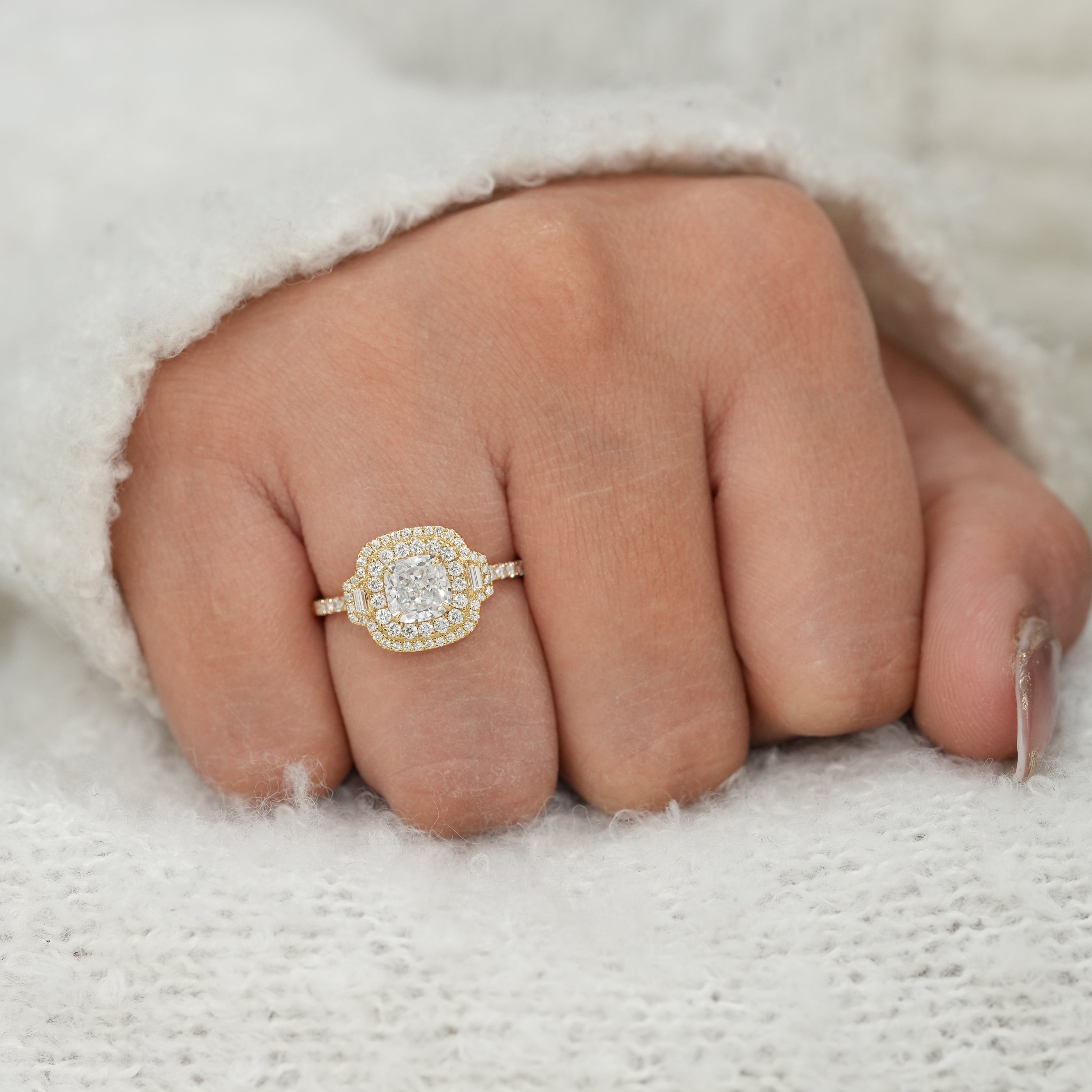 Cushion Cut Lab Diamond Double Halo Gold Engagement Ring
