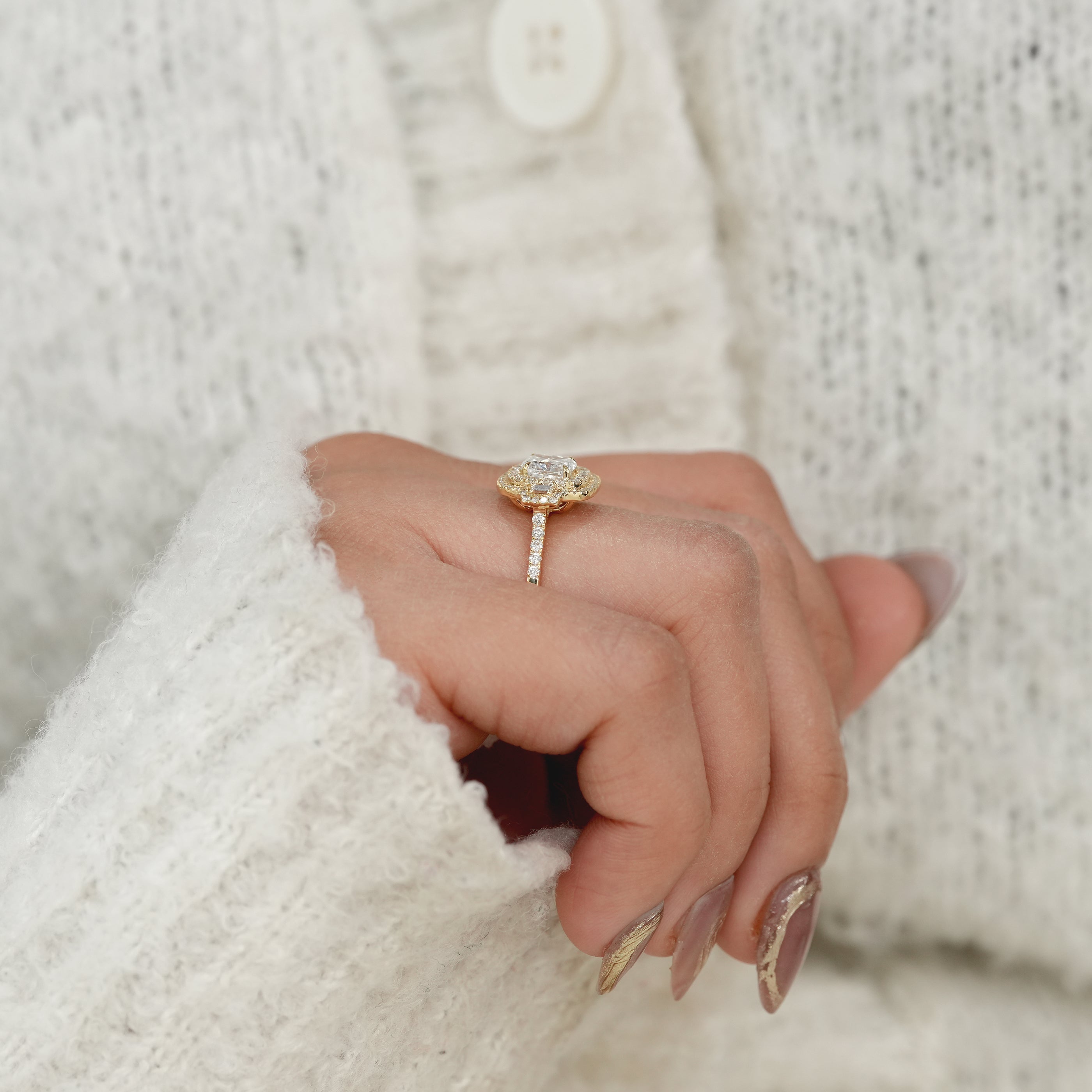 Cushion Cut Lab Diamond Double Halo Gold Engagement Ring