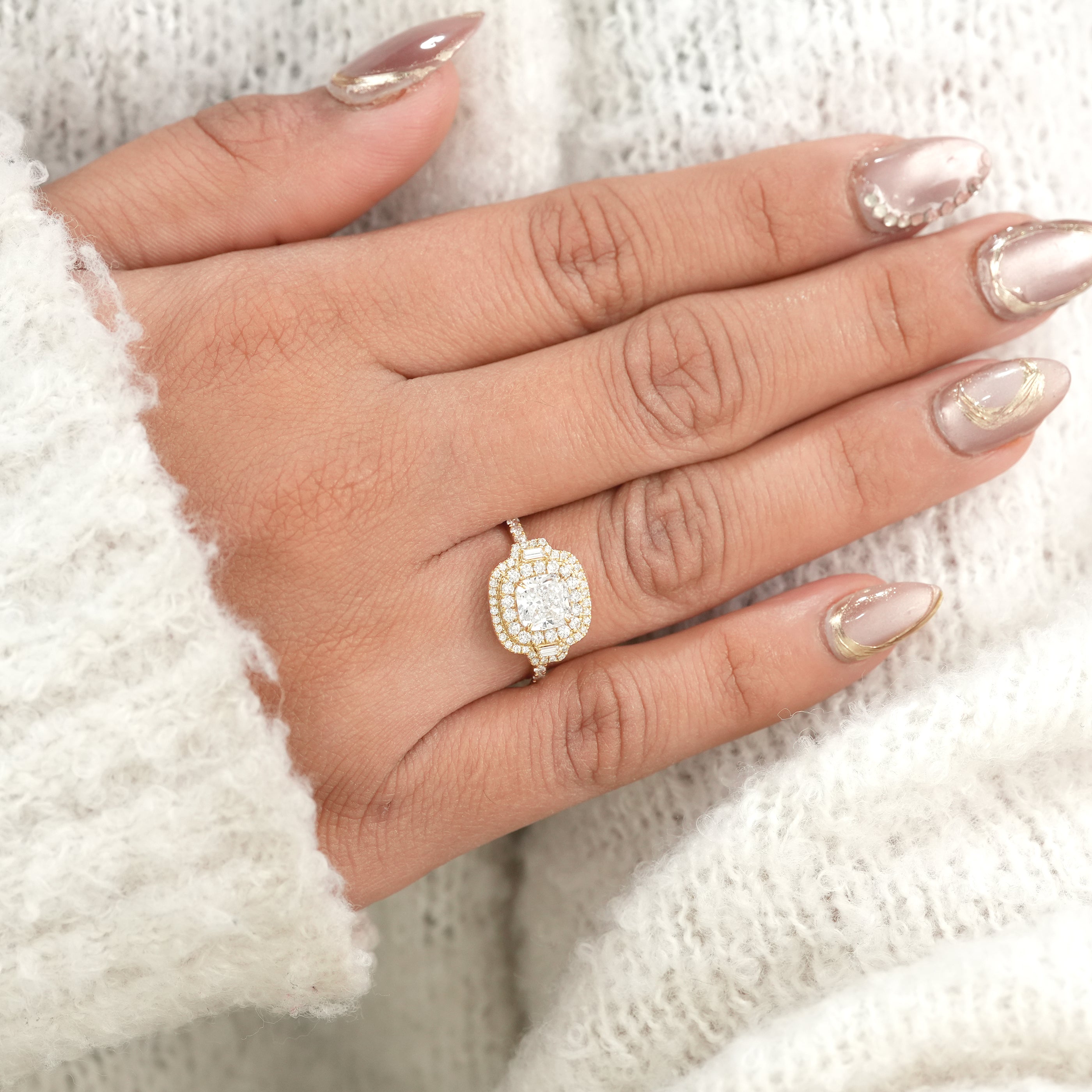 Cushion Cut Lab Diamond Double Halo Gold Engagement Ring