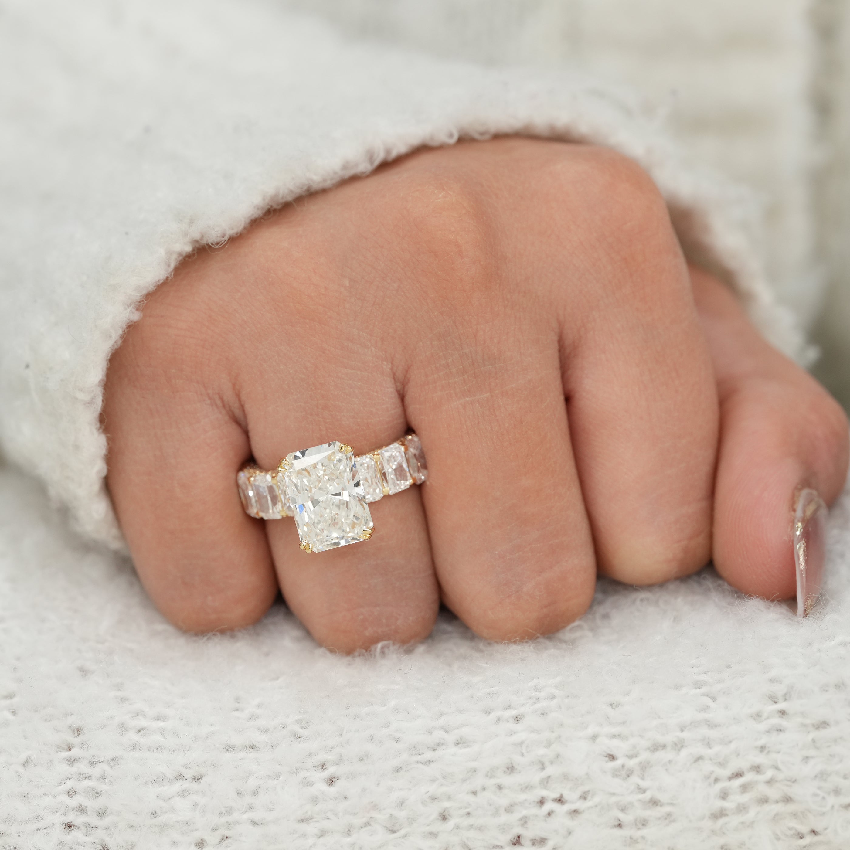Radiant Cut Lab Diamond Ring with Hidden Halo Diamond Band