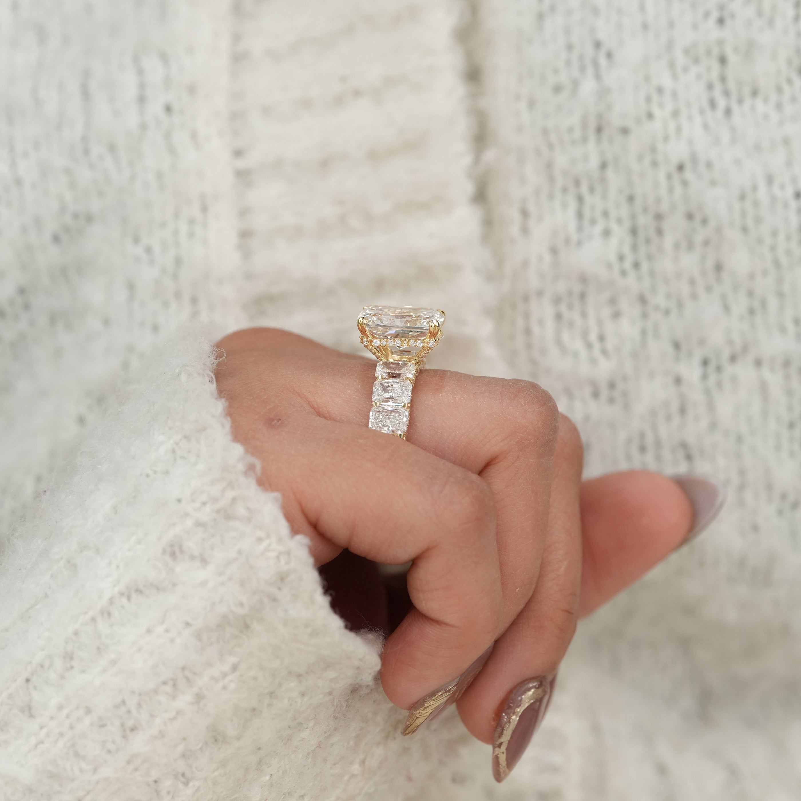 Radiant Cut Lab Diamond Ring with Hidden Halo Diamond Band