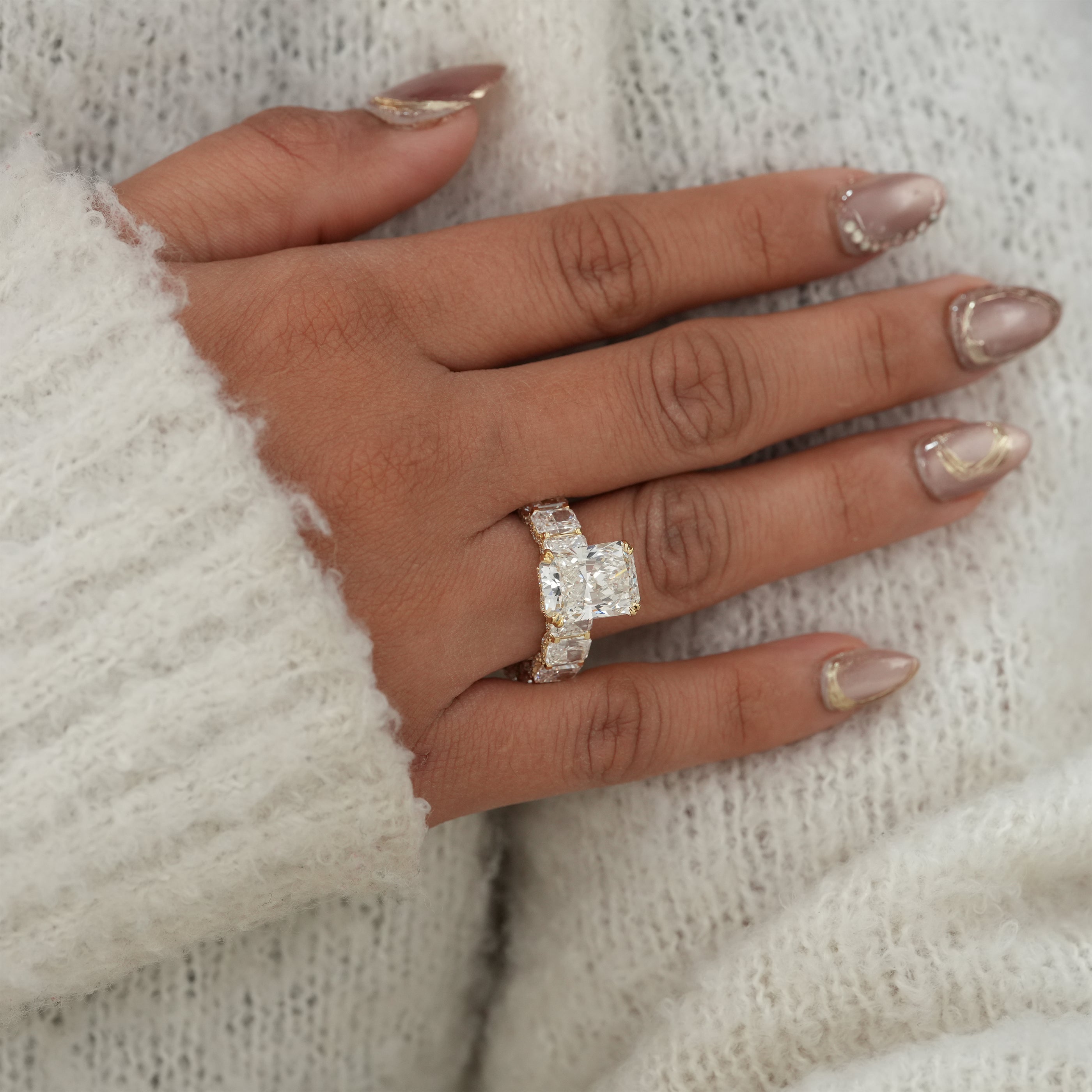 Radiant Cut Lab Diamond Ring with Hidden Halo Diamond Band