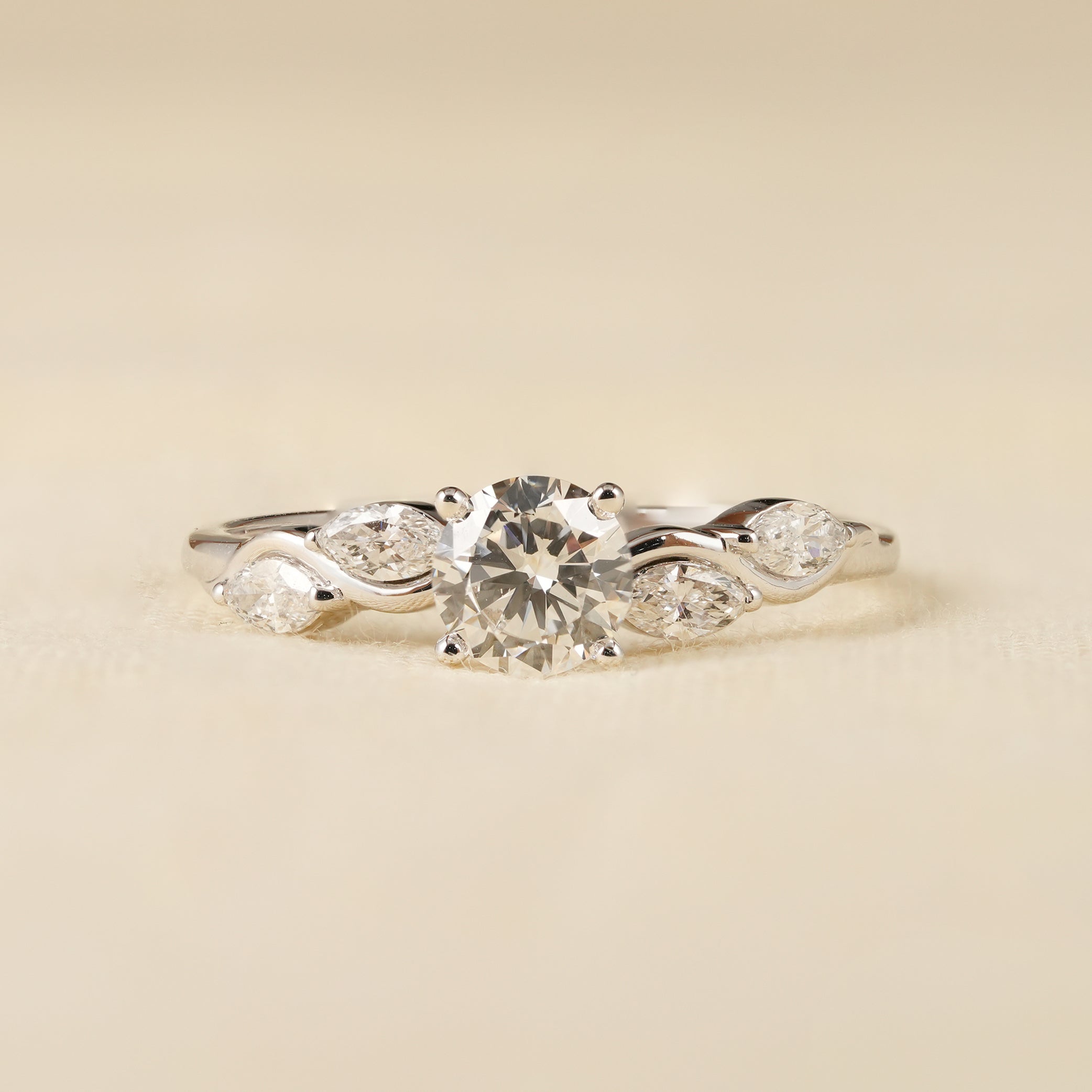Round Lab Diamond Engagement Ring with Marquise Side Accent Diamonds