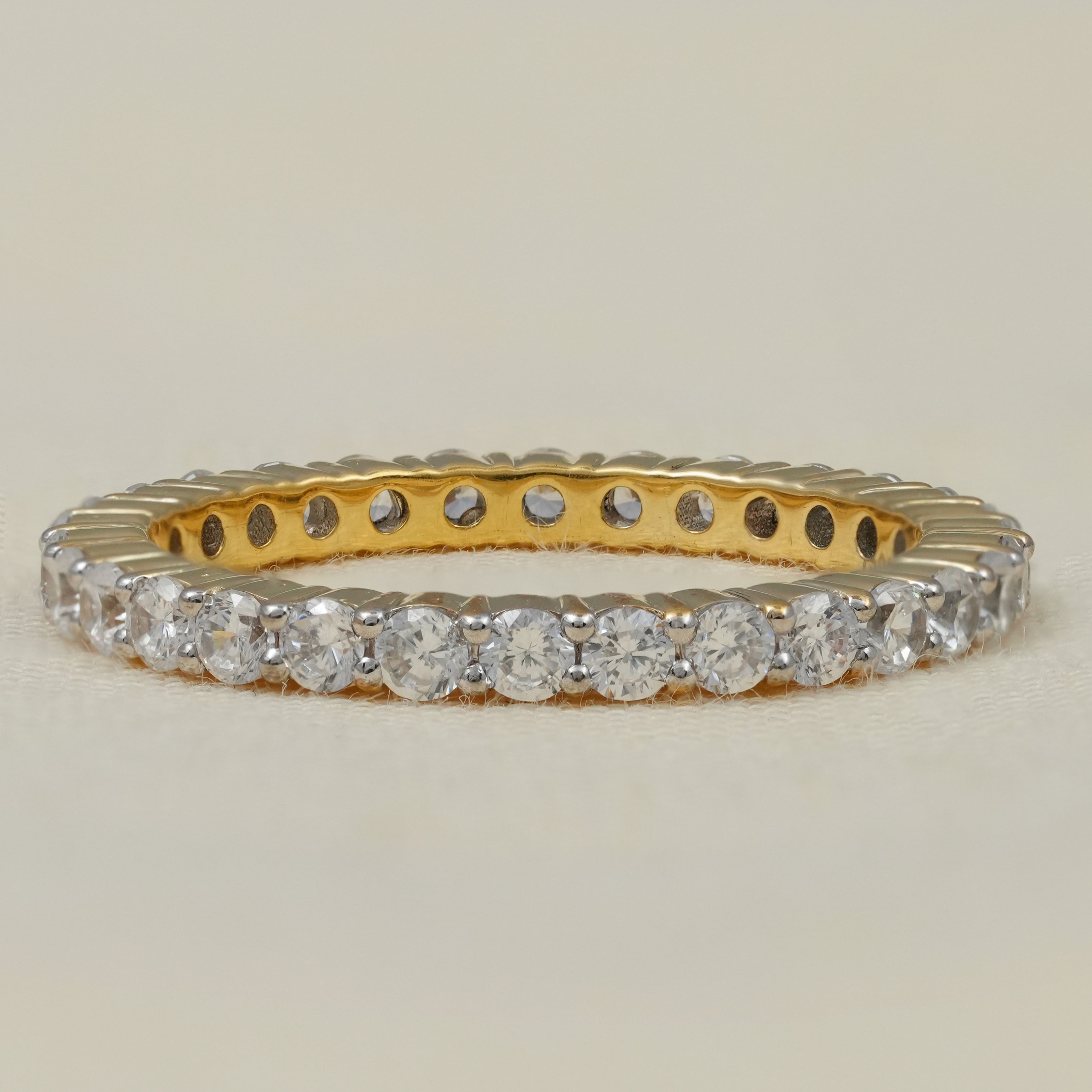 Yellow gold eternity band with prong set round lab grown diamonds