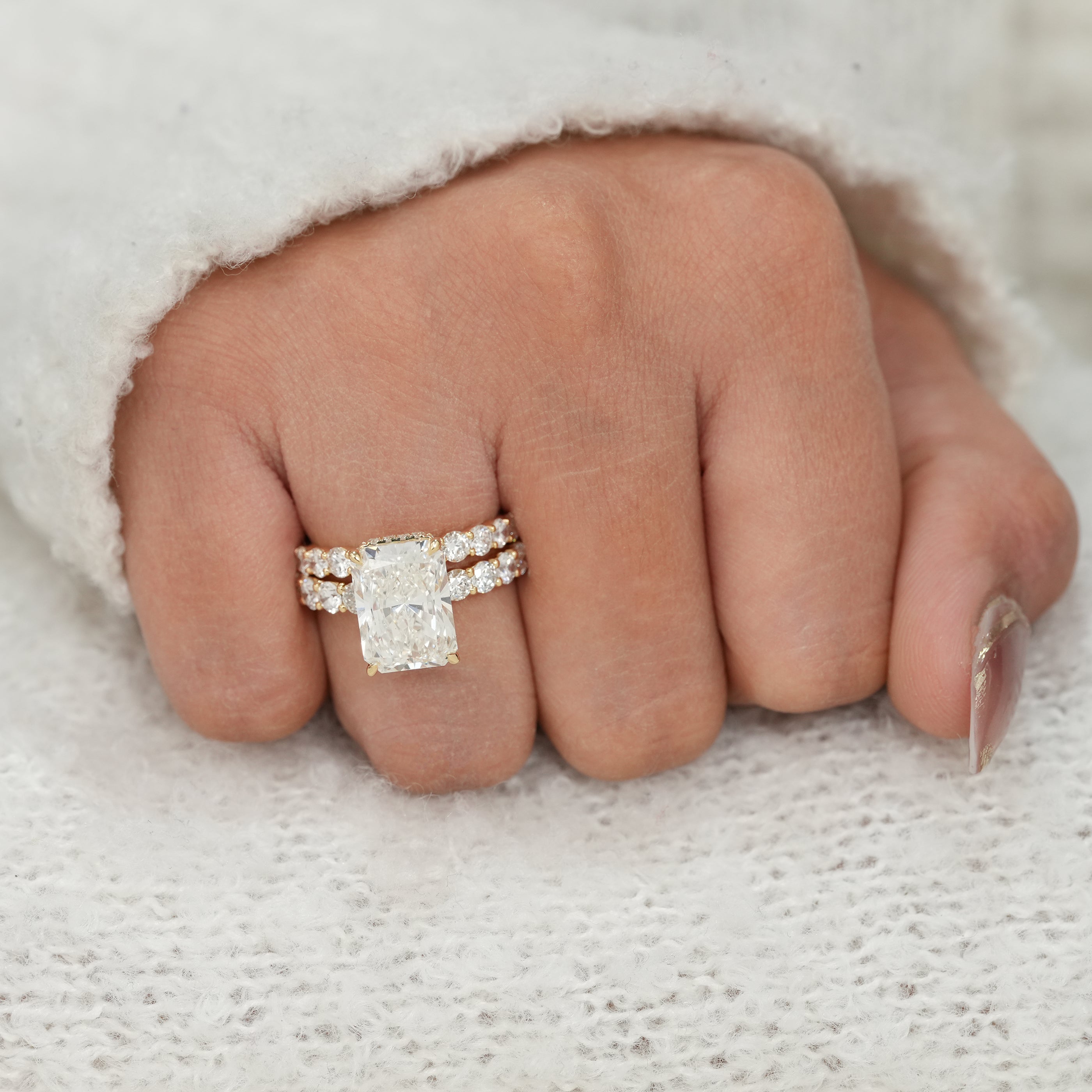 Radiant Cut Lab Diamond Wedding Ring Set with Matching Diamond Band
