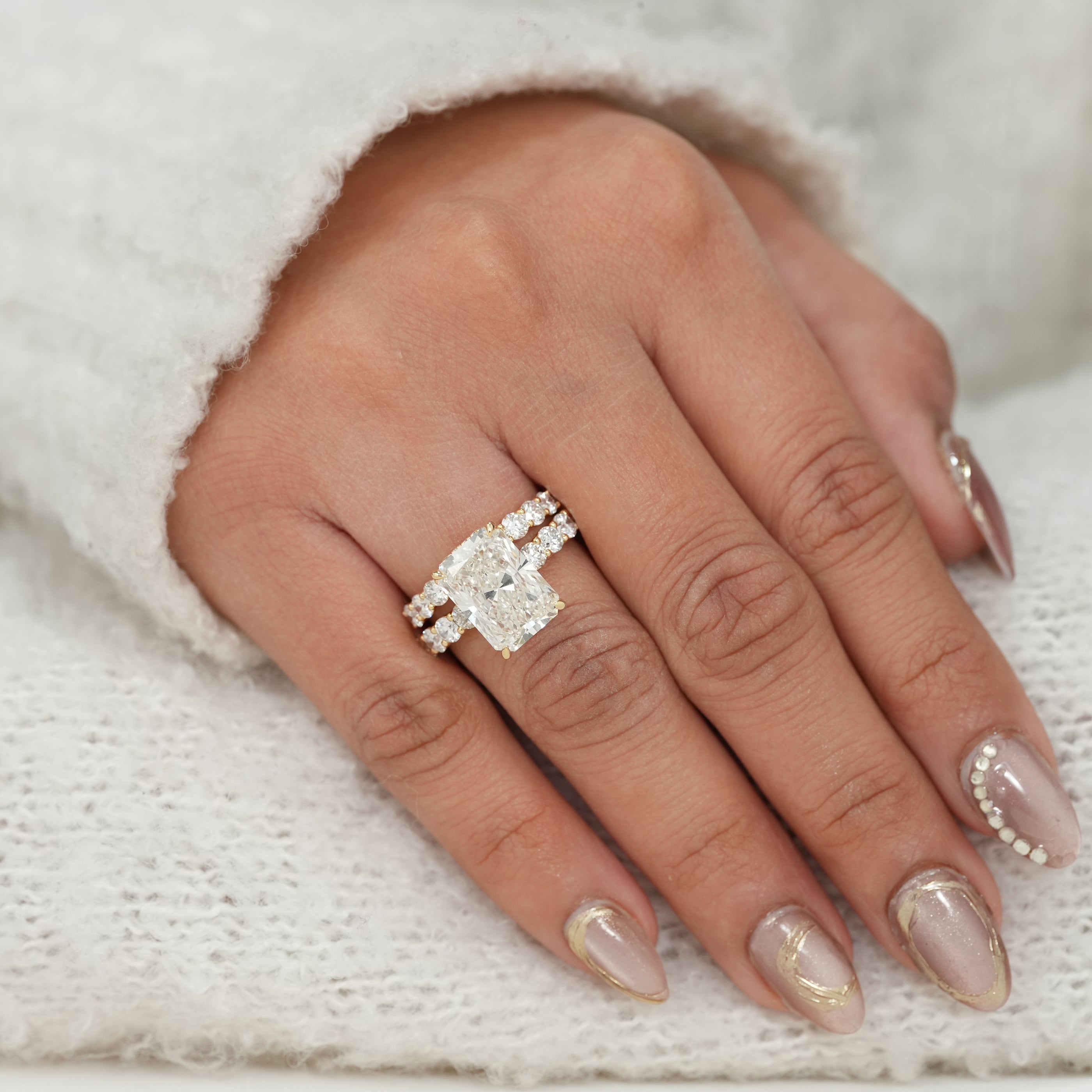 Radiant Cut Lab Diamond Wedding Ring Set with Matching Diamond Band