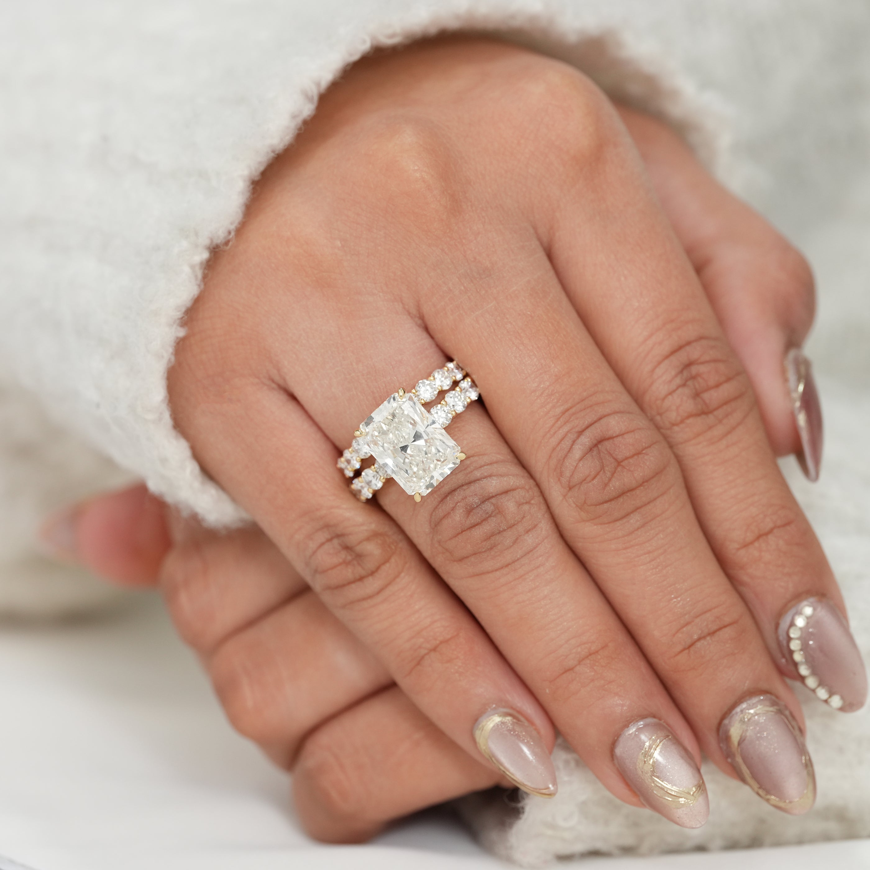 Radiant Cut Lab Diamond Wedding Ring Set with Matching Diamond Band